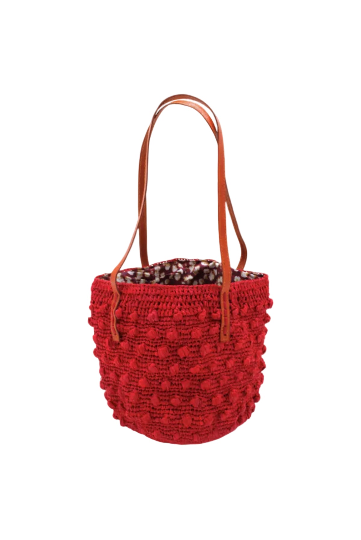 Boucle Red Crochet Small Straw Handbag handmade woven raffia palm fiber in a solid hue of red in a supple nub/ball texture of horizontal bands around the bag with link weave around the top plus assorted print drawstring liner and leather handles shoulder bag purse - Shebobo