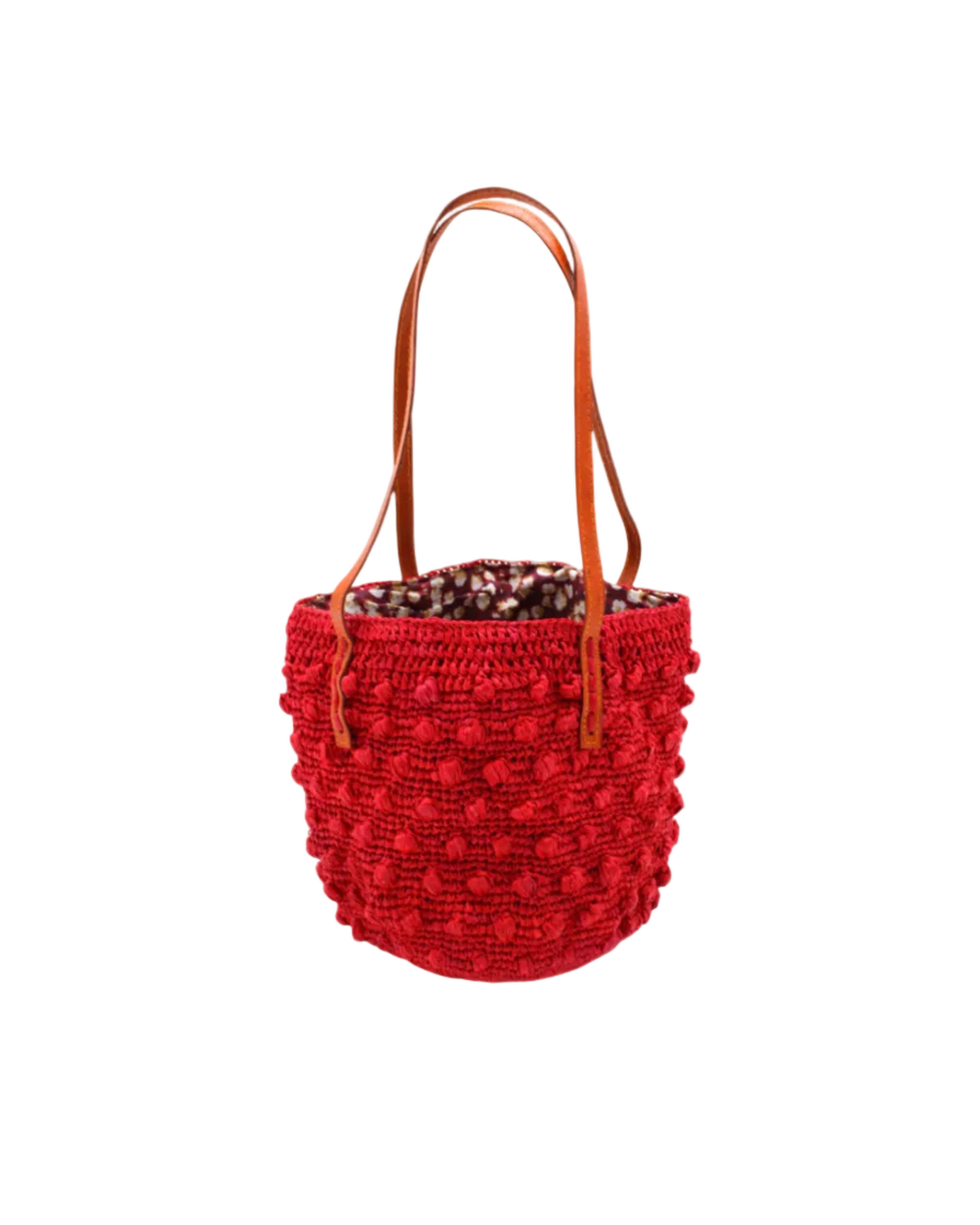 Boucle Red Crochet Small Straw Handbag handmade woven raffia palm fiber in a solid hue of red in a supple nub/ball texture of horizontal bands around the bag with link weave around the top plus assorted print drawstring liner and leather handles shoulder bag purse - Shebobo
