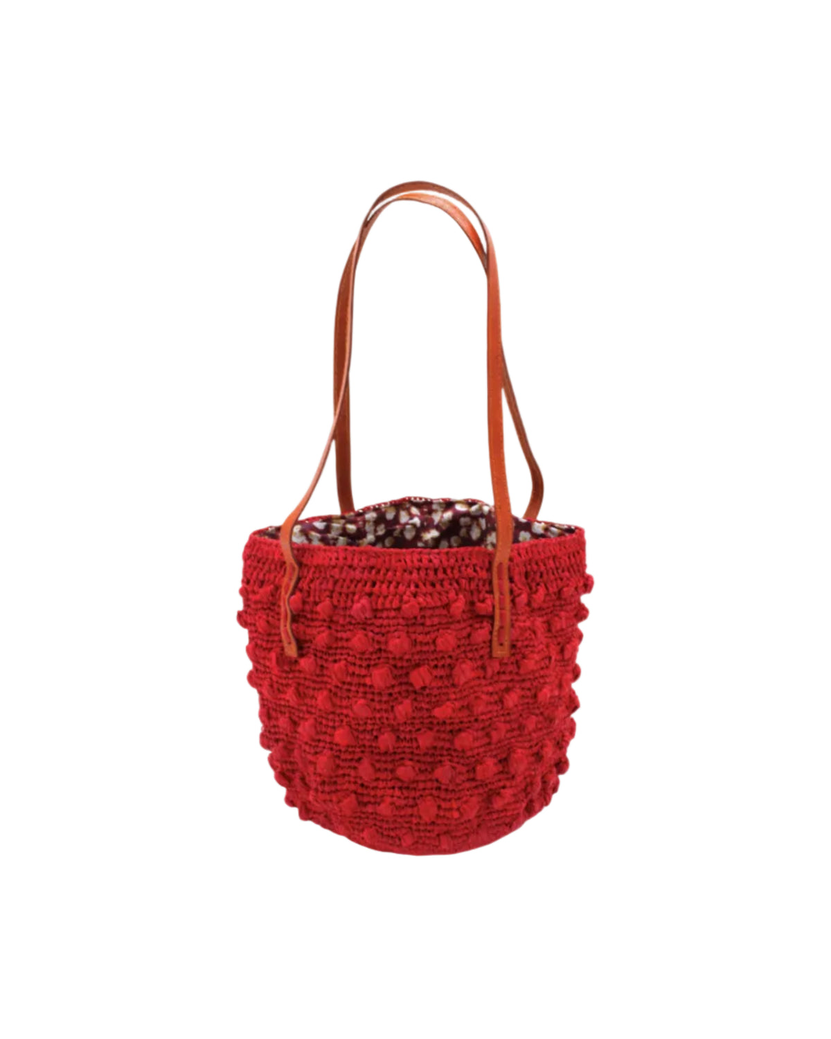 Boucle Red Crochet Small Straw Handbag handmade woven raffia palm fiber in a solid hue of red in a supple nub/ball texture of horizontal bands around the bag with link weave around the top plus assorted print drawstring liner and leather handles shoulder bag purse - Shebobo