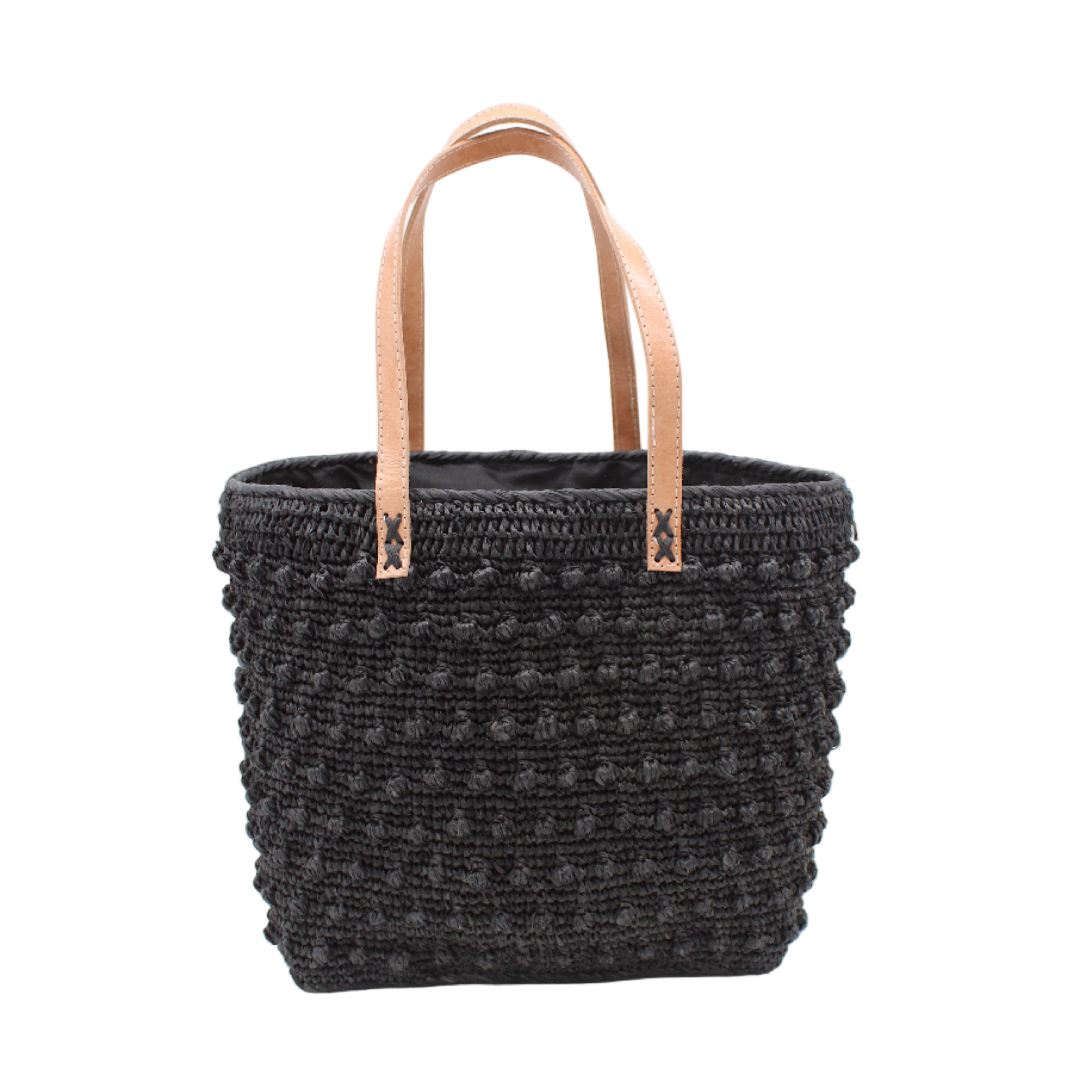 Boucle Black Crochet Straw Basket Bag handmade woven raffia palm fiber in a solid hue of black in a supple nub/ball texture of horizontal bands around the bag with link weave around the top and loop crochet edging on the bottom and top plus leather handles beach bag shoulder bag purse - Shebobo