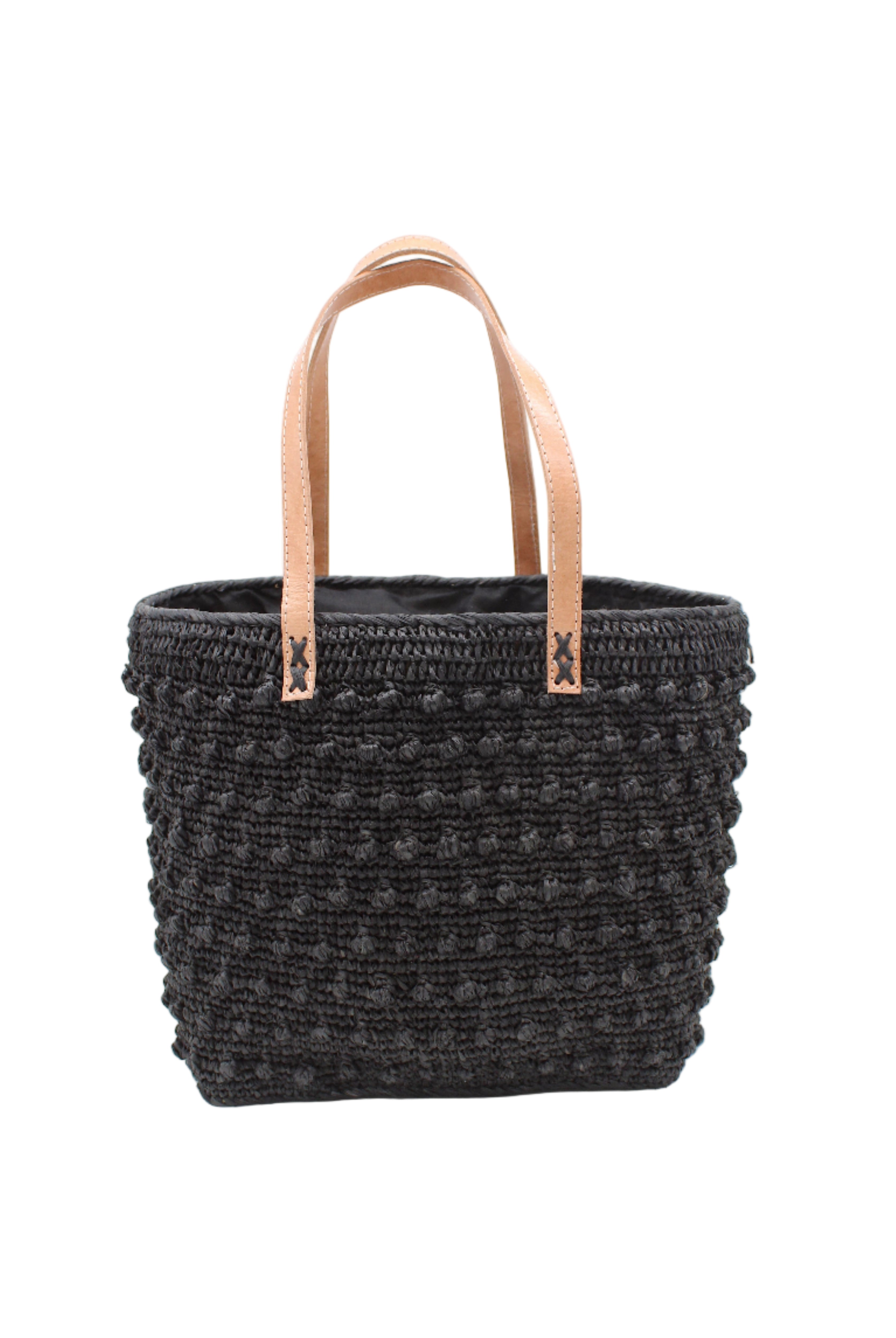 Boucle Black Crochet Straw Basket Bag handmade woven raffia palm fiber in a solid hue of black in a supple nub/ball texture of horizontal bands around the bag with link weave around the top and loop crochet edging on the bottom and top plus leather handles beach bag shoulder bag purse - Shebobo