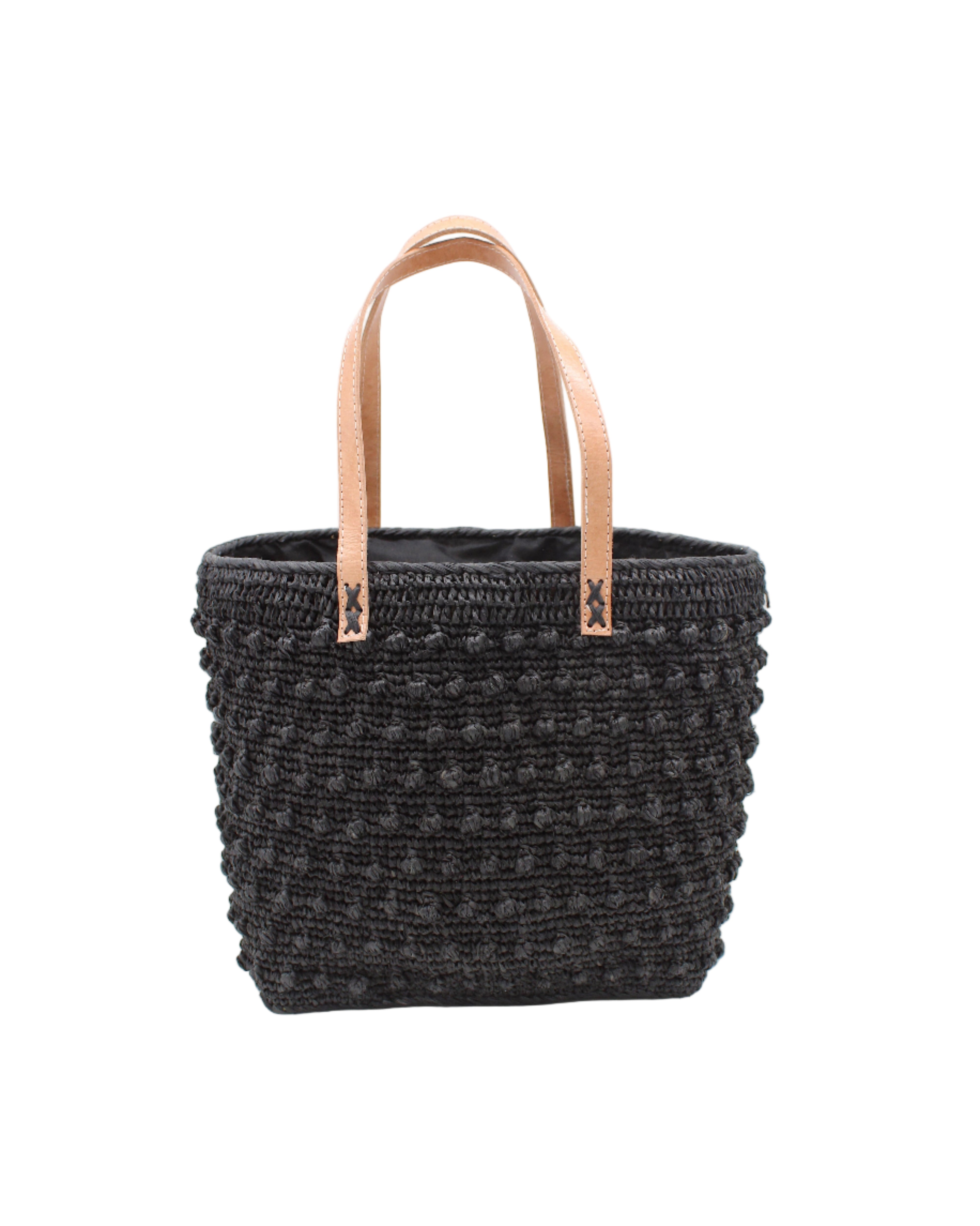 Boucle Black Crochet Straw Basket Bag handmade woven raffia palm fiber in a solid hue of black in a supple nub/ball texture of horizontal bands around the bag with link weave around the top and loop crochet edging on the bottom and top plus leather handles beach bag shoulder bag purse - Shebobo