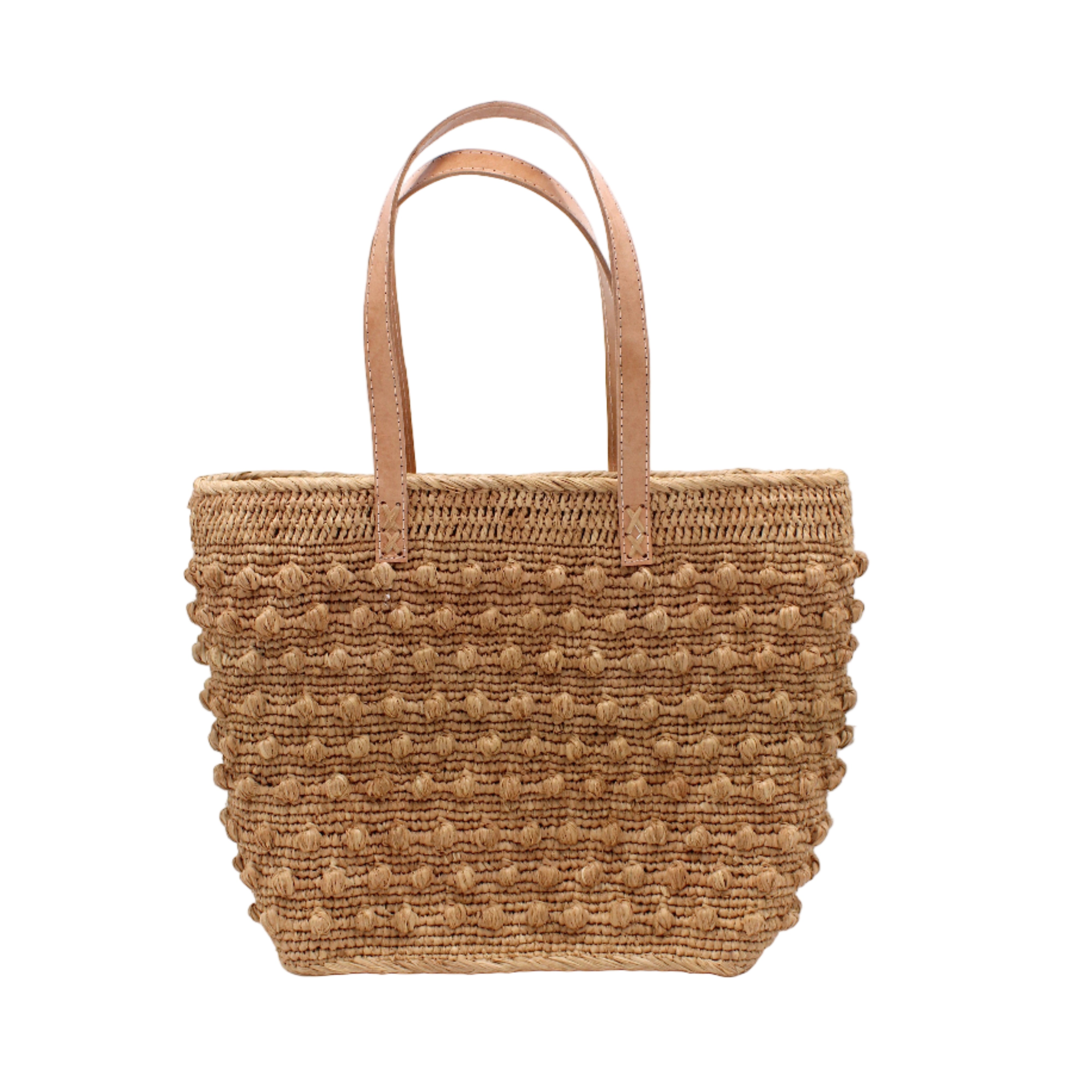 Boucle Cappuccino Crochet Straw Basket Bag handmade woven raffia palm fiber in a solid hue of cappuccino tea/light/brown in a supple nub/ball texture of horizontal bands around the bag with link weave around the top and loop crochet edging on the bottom and top plus leather handles beach bag shoulder bag purse - Shebobo