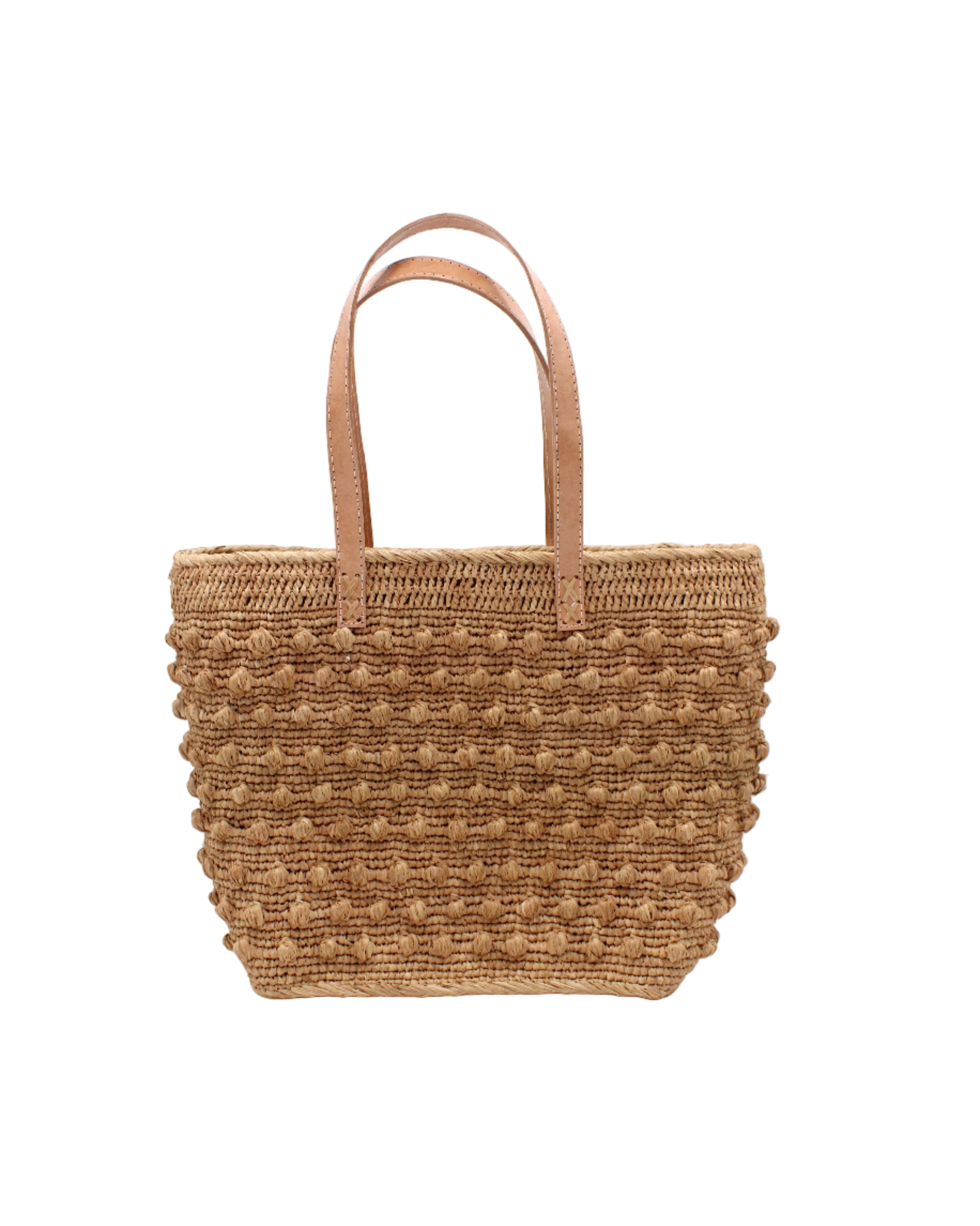 Boucle Cappuccino Crochet Straw Basket Bag handmade woven raffia palm fiber in a solid hue of cappuccino tea/light/brown in a supple nub/ball texture of horizontal bands around the bag with link weave around the top and loop crochet edging on the bottom and top plus leather handles beach bag shoulder bag purse - Shebobo