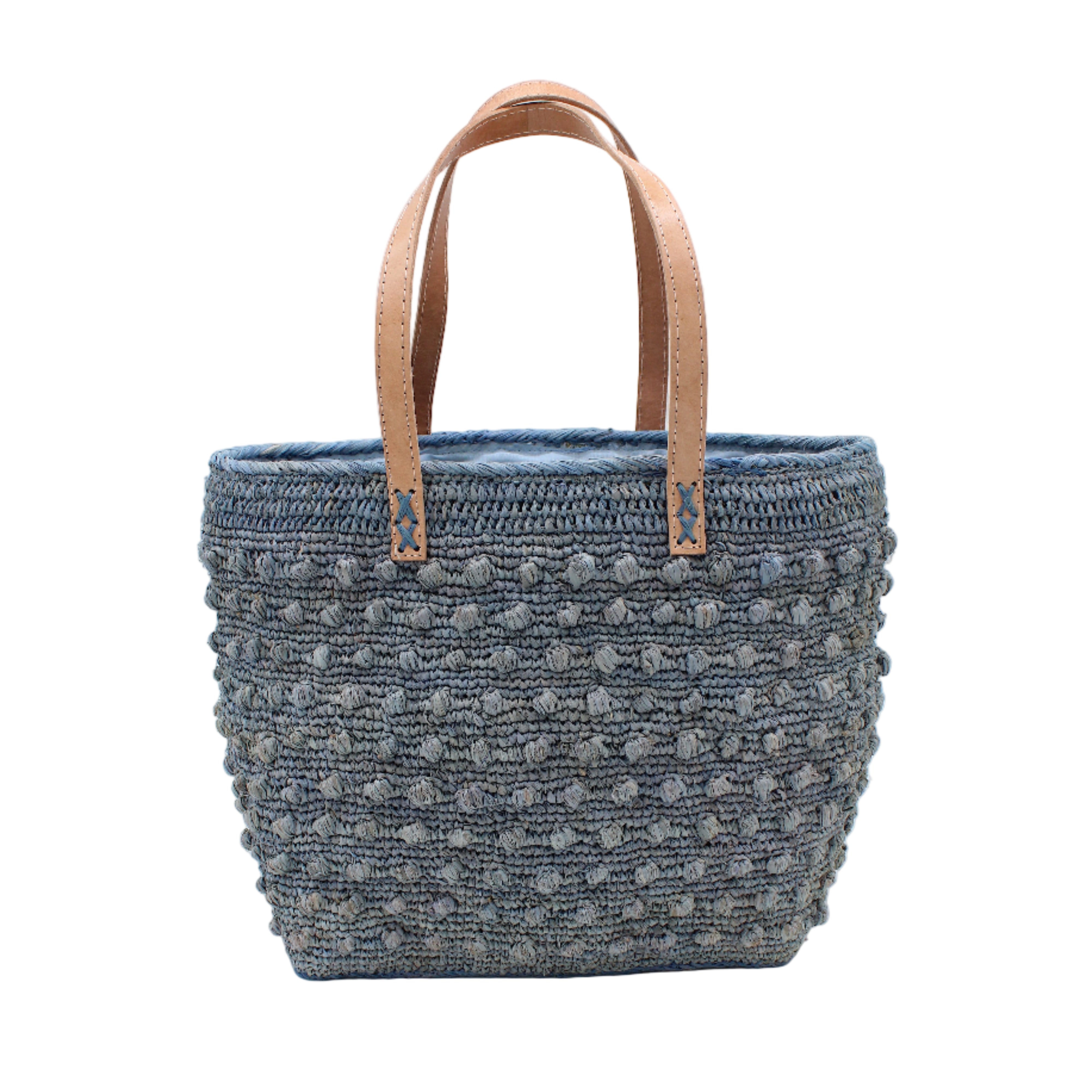Boucle Denim Crochet Straw Basket Bag handmade woven raffia palm fiber in a solid hue of denim retro/light/blue in a supple nub/ball texture of horizontal bands around the bag with link weave around the top and loop crochet edging on the bottom and top plus leather handles beach bag shoulder bag purse - Shebobo