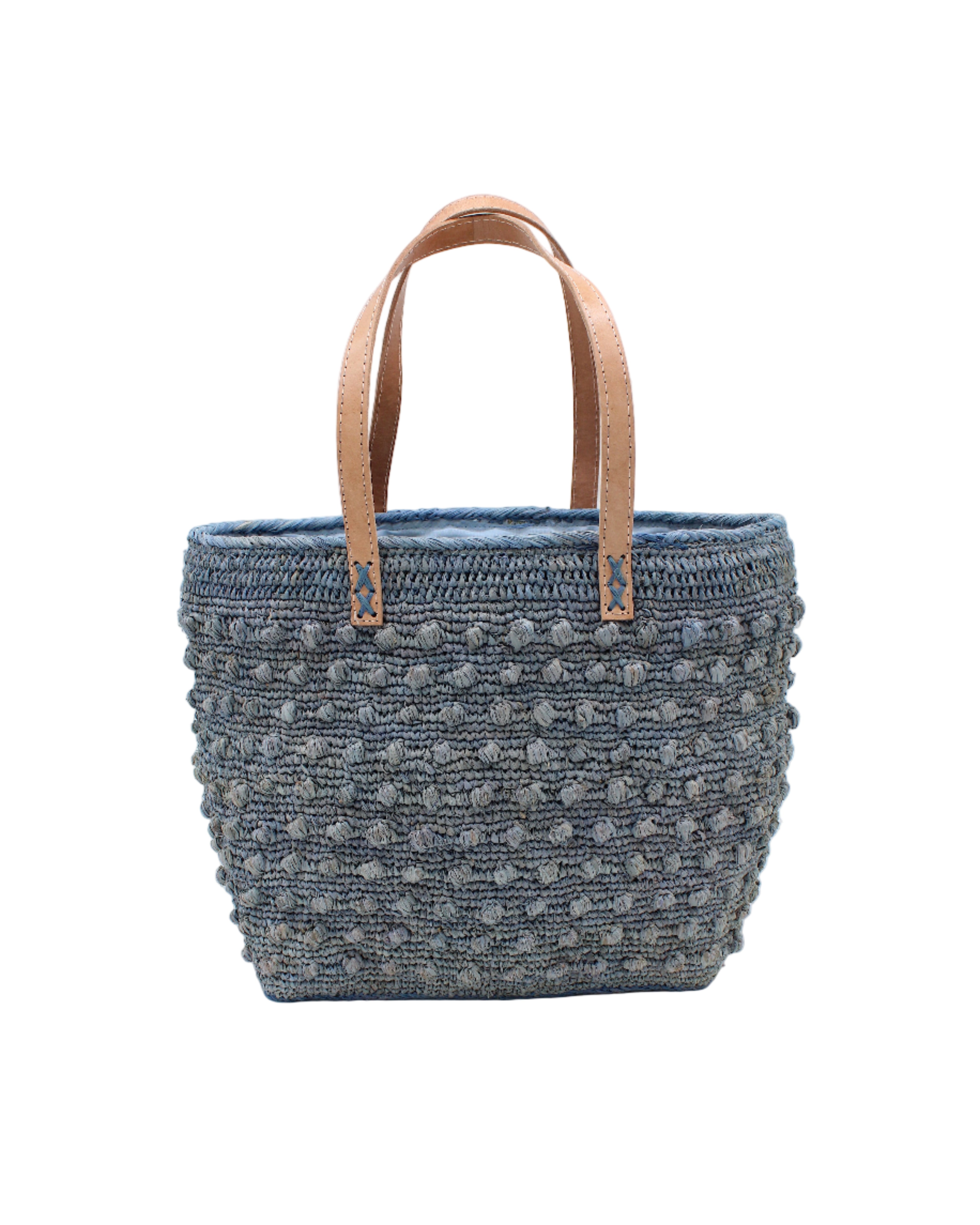 Boucle Denim Crochet Straw Basket Bag handmade woven raffia palm fiber in a solid hue of denim retro/light/blue in a supple nub/ball texture of horizontal bands around the bag with link weave around the top and loop crochet edging on the bottom and top plus leather handles beach bag shoulder bag purse - Shebobo