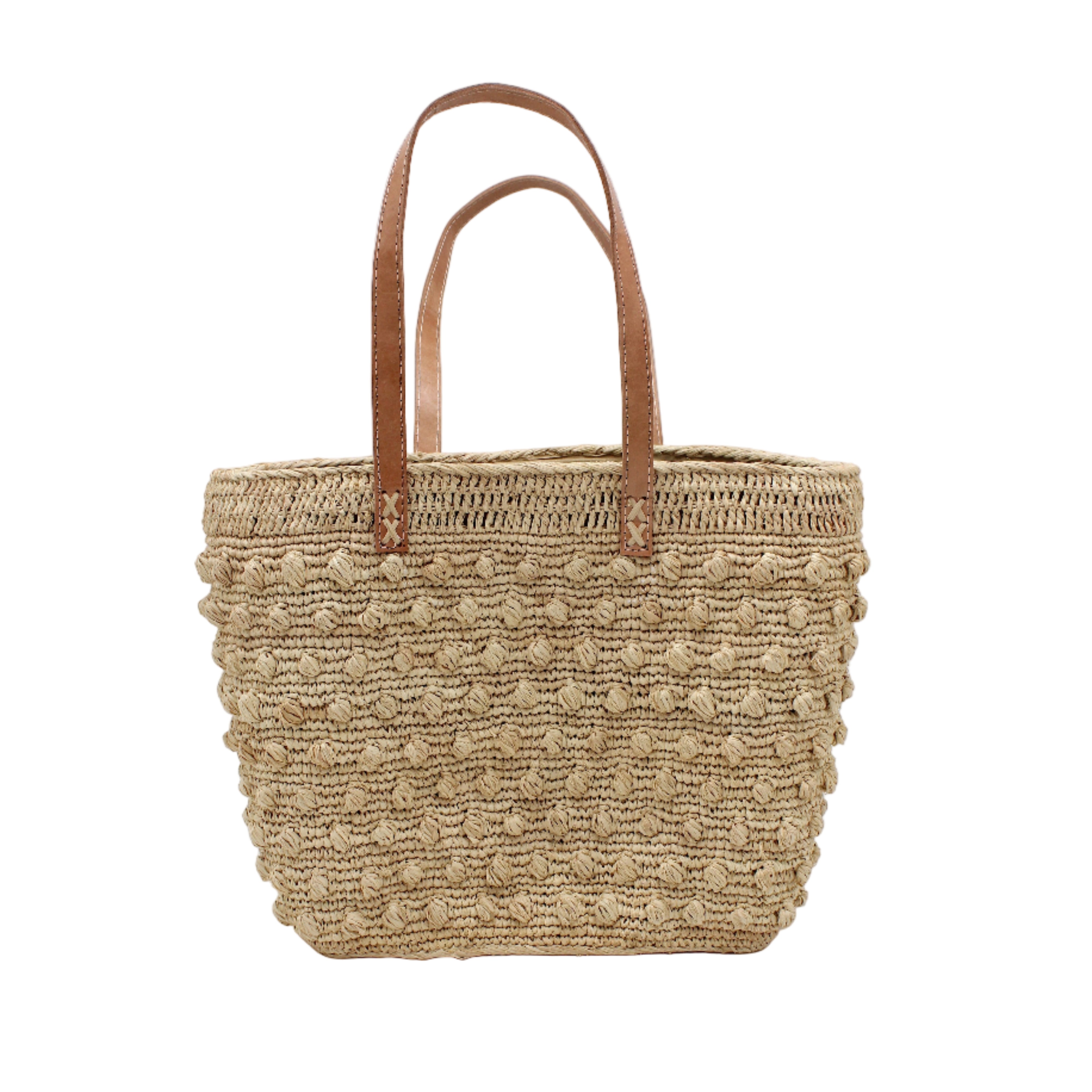 Boucle Natural Crochet Straw Basket Bag handmade woven raffia palm fiber in a solid hue of natural straw color in a supple nub/ball texture of horizontal bands around the bag with link weave around the top and loop crochet edging on the bottom and top plus leather handles beach bag shoulder bag purse - Shebobo