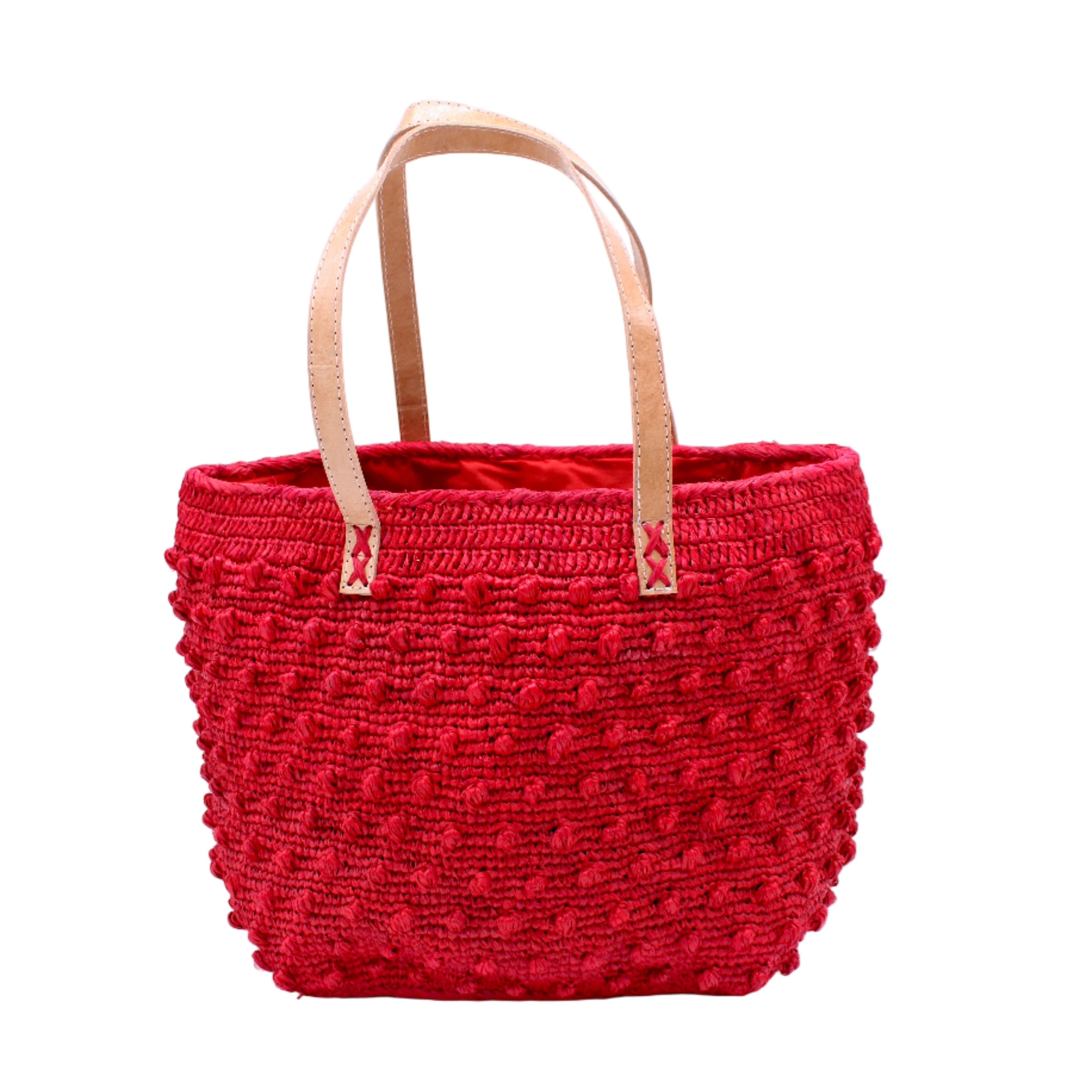 Boucle Red Crochet Straw Basket Bag handmade woven raffia palm fiber in a solid hue of red in a supple nub/ball texture of horizontal bands around the bag with link weave around the top and loop crochet edging on the bottom and top plus leather handles beach bag shoulder bag purse - Shebobo