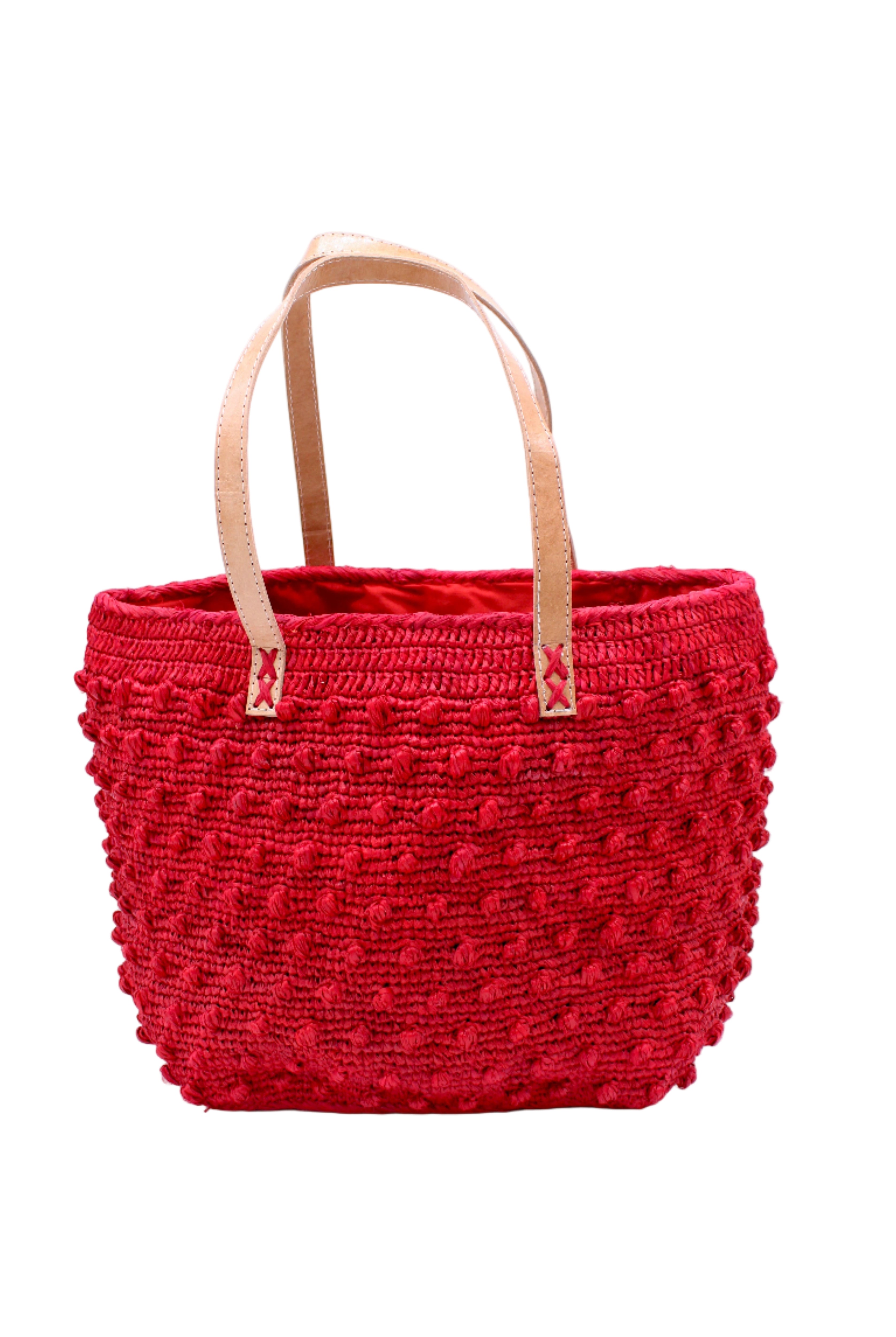 Boucle Red Crochet Straw Basket Bag handmade woven raffia palm fiber in a solid hue of red in a supple nub/ball texture of horizontal bands around the bag with link weave around the top and loop crochet edging on the bottom and top plus leather handles beach bag shoulder bag purse - Shebobo