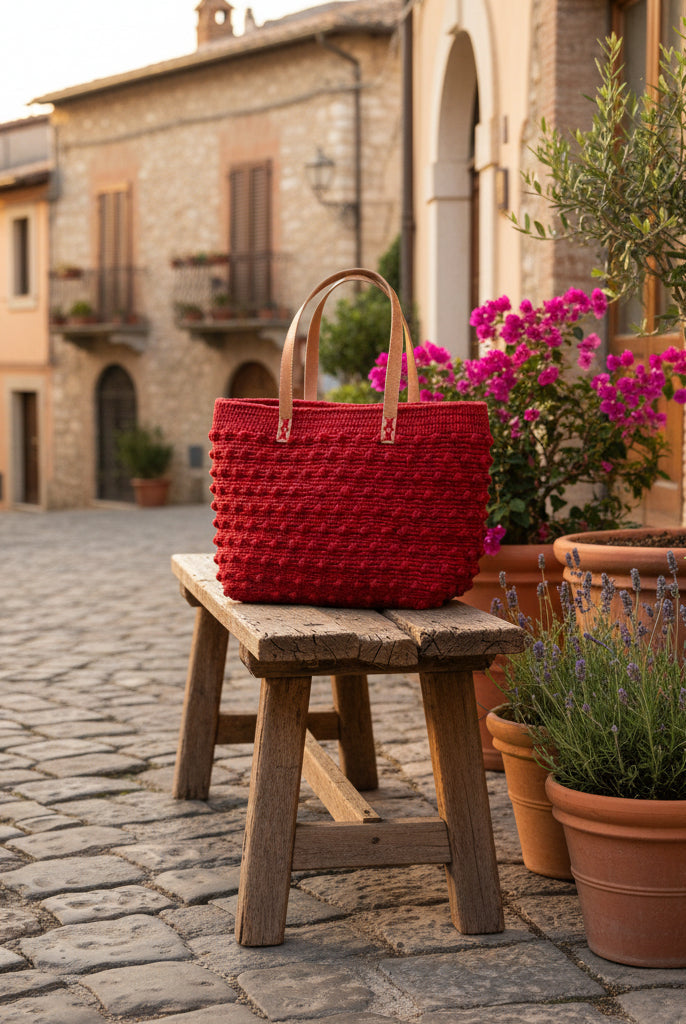 Lifestyle view Boucle Red Crochet Straw Basket Bag handmade woven raffia palm fiber in a solid hue of red in a supple nub/ball texture of horizontal bands around the bag with link weave around the top and loop crochet edging on the bottom and top plus leather handles beach bag shoulder bag purse - Shebobo