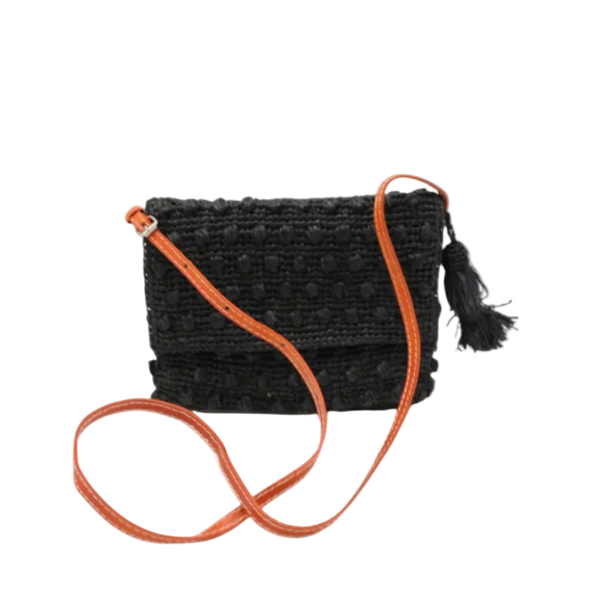 Boucle Black Crochet Straw Crossbody Bag with Tassel Charm handmade woven raffia palm fiber in a solid hue of black in a supple nub/ball texture of horizontal bands around the bag with link weave around the outer envelope closure flap plus adjustable leather shoulder strap beach bag purse - Shebobo
