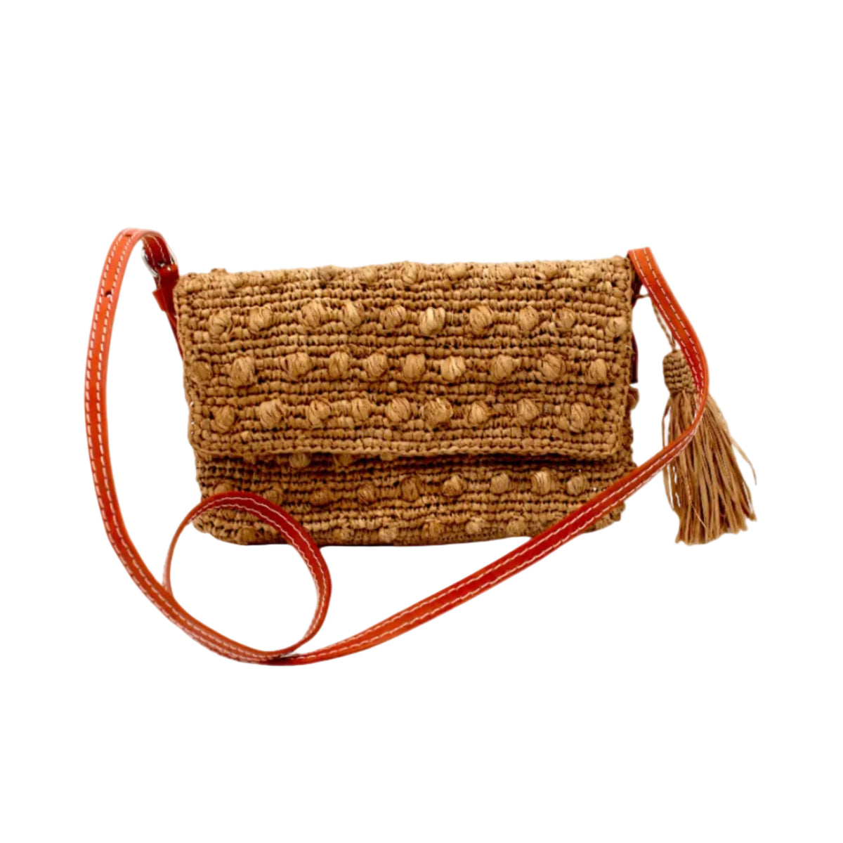 Boucle Cappuccino Crochet Straw Crossbody Bag with Tassel Charm handmade woven raffia palm fiber in a solid hue of cappuccino light/brown/beige in a supple nub/ball texture of horizontal bands around the bag with link weave around the outer envelope closure flap plus adjustable leather shoulder strap beach bag purse - Shebobo