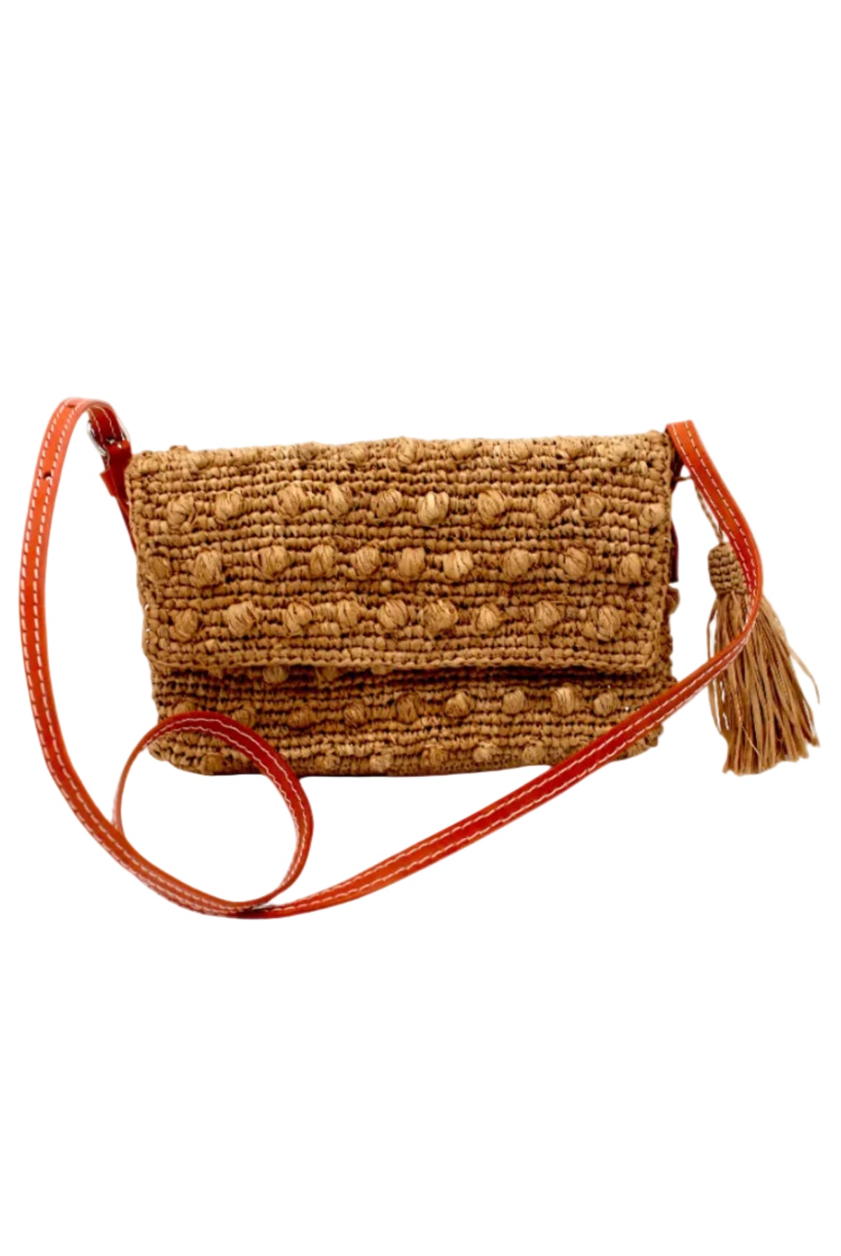 Boucle Cappuccino Crochet Straw Crossbody Bag with Tassel Charm handmade woven raffia palm fiber in a solid hue of cappuccino light/brown/beige in a supple nub/ball texture of horizontal bands around the bag with link weave around the outer envelope closure flap plus adjustable leather shoulder strap beach bag purse - Shebobo