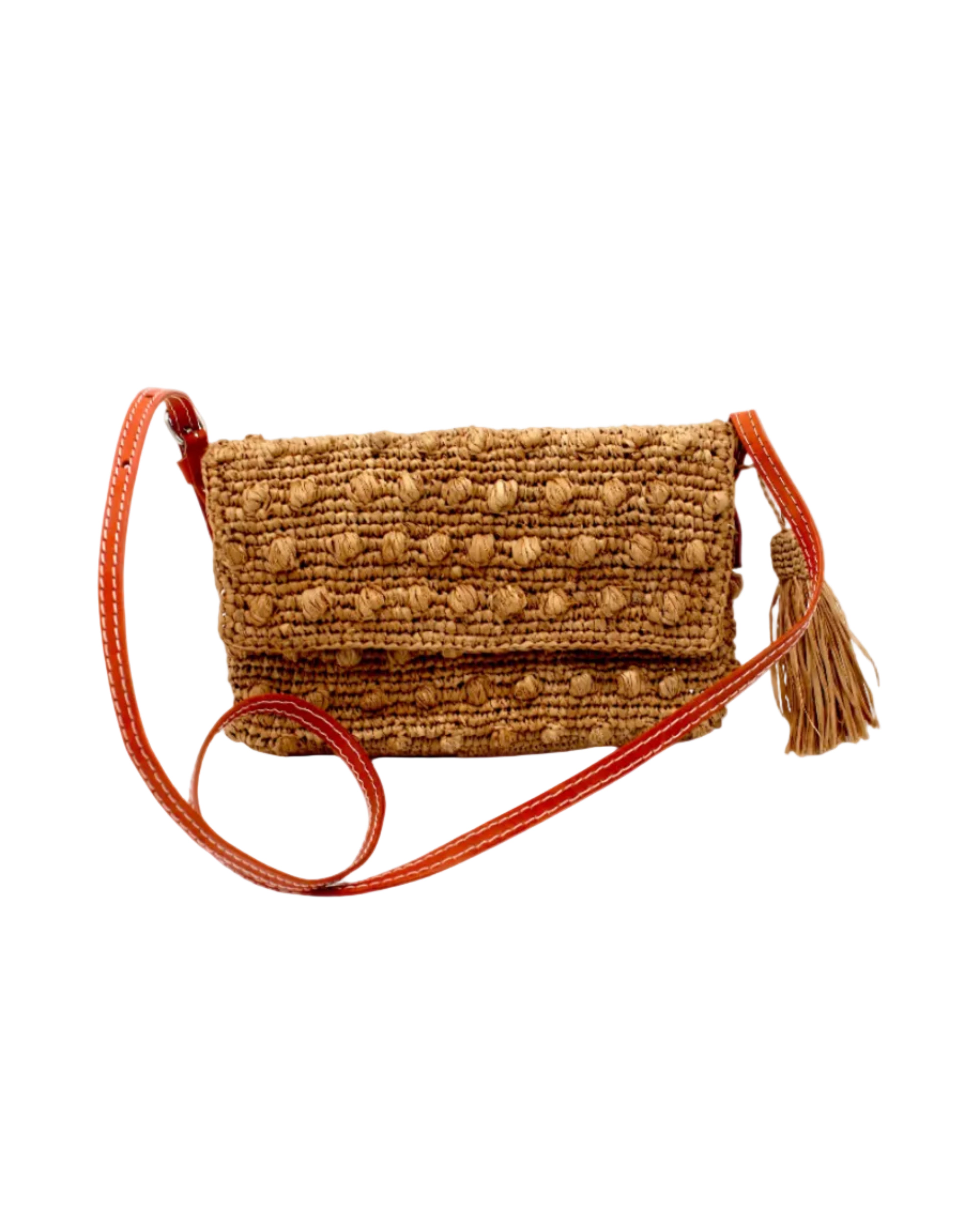 Boucle Cappuccino Crochet Straw Crossbody Bag with Tassel Charm handmade woven raffia palm fiber in a solid hue of cappuccino light/brown/beige in a supple nub/ball texture of horizontal bands around the bag with link weave around the outer envelope closure flap plus adjustable leather shoulder strap beach bag purse - Shebobo