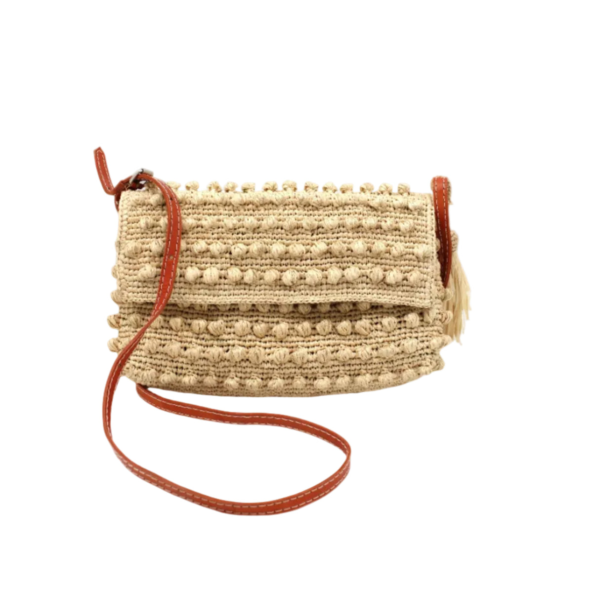 Boucle Natural Crochet Straw Crossbody Bag with Tassel Charm handmade woven raffia palm fiber in a solid hue of natural straw color in a supple nub/ball texture of horizontal bands around the bag with link weave around the outer envelope closure flap plus adjustable leather shoulder strap beach bag purse - Shebobo