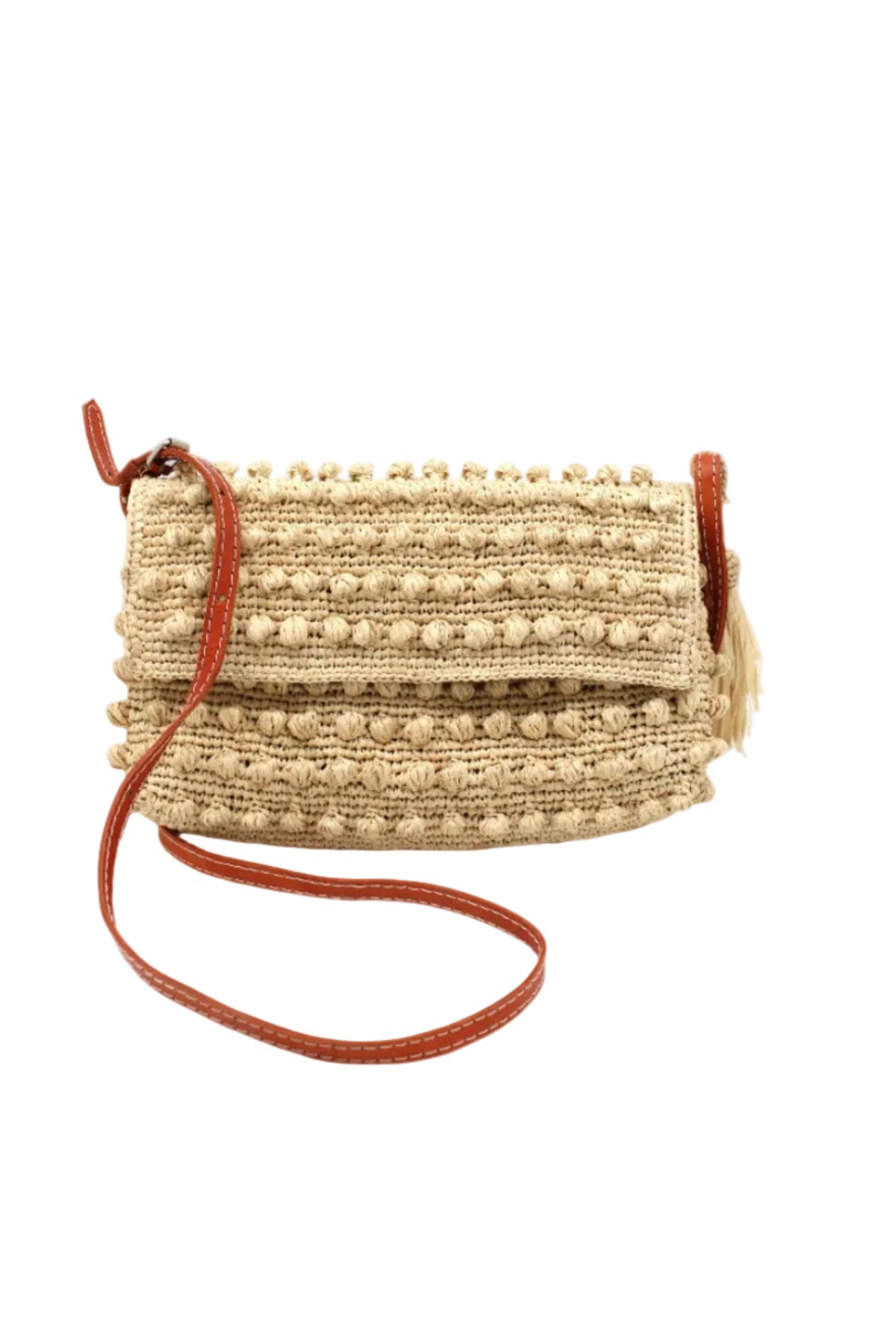 Boucle Natural Crochet Straw Crossbody Bag with Tassel Charm handmade woven raffia palm fiber in a solid hue of natural straw color in a supple nub/ball texture of horizontal bands around the bag with link weave around the outer envelope closure flap plus adjustable leather shoulder strap beach bag purse - Shebobo
