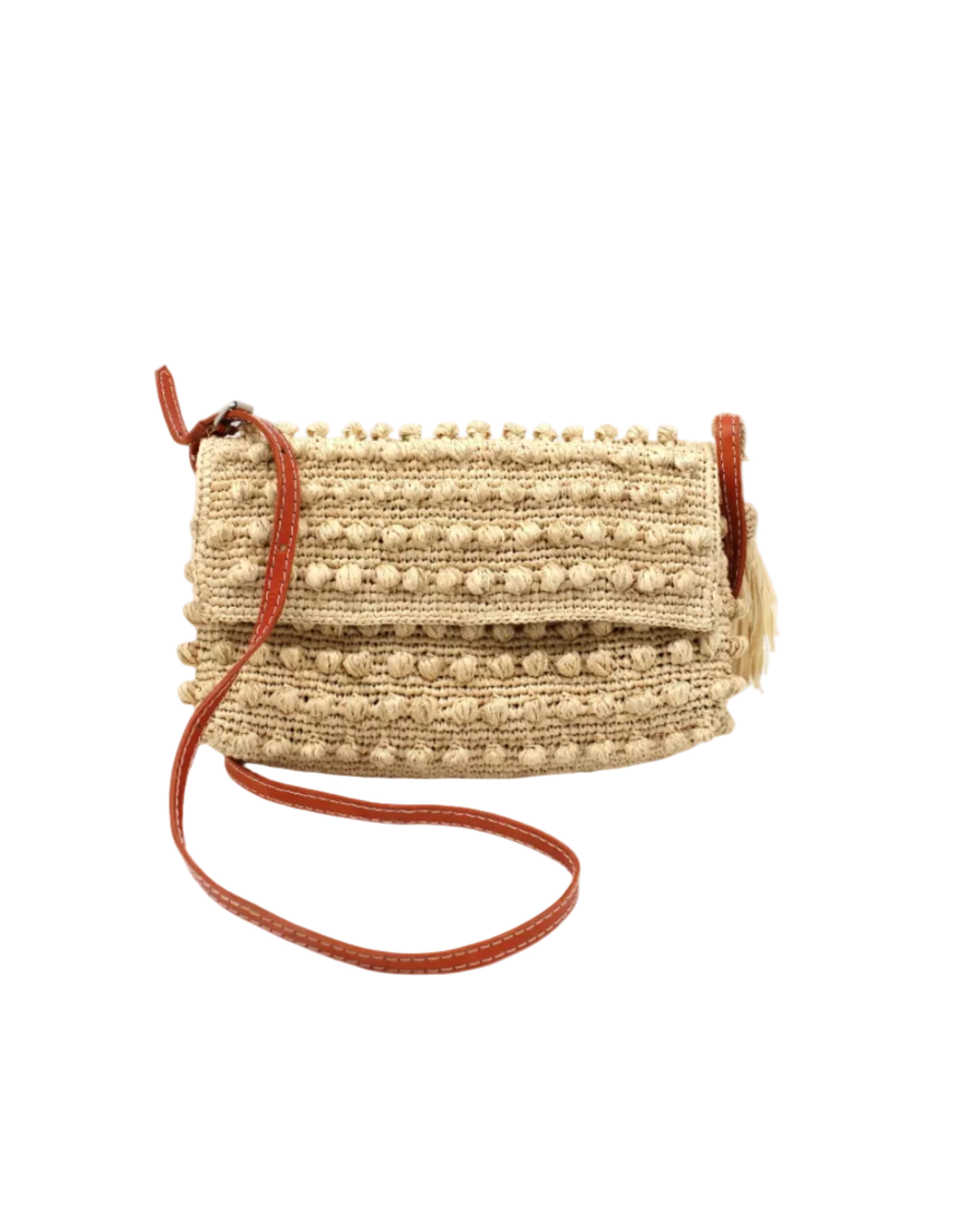Boucle Natural Crochet Straw Crossbody Bag with Tassel Charm handmade woven raffia palm fiber in a solid hue of natural straw color in a supple nub/ball texture of horizontal bands around the bag with link weave around the outer envelope closure flap plus adjustable leather shoulder strap beach bag purse - Shebobo