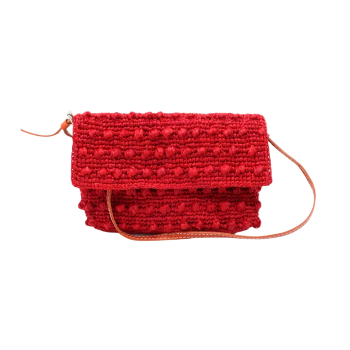 Boucle Red Crochet Straw Crossbody Bag with Tassel Charm handmade woven raffia palm fiber in a solid hue of red in a supple nub/ball texture of horizontal bands around the bag with link weave around the outer envelope closure flap plus adjustable leather shoulder strap beach bag purse - Shebobo