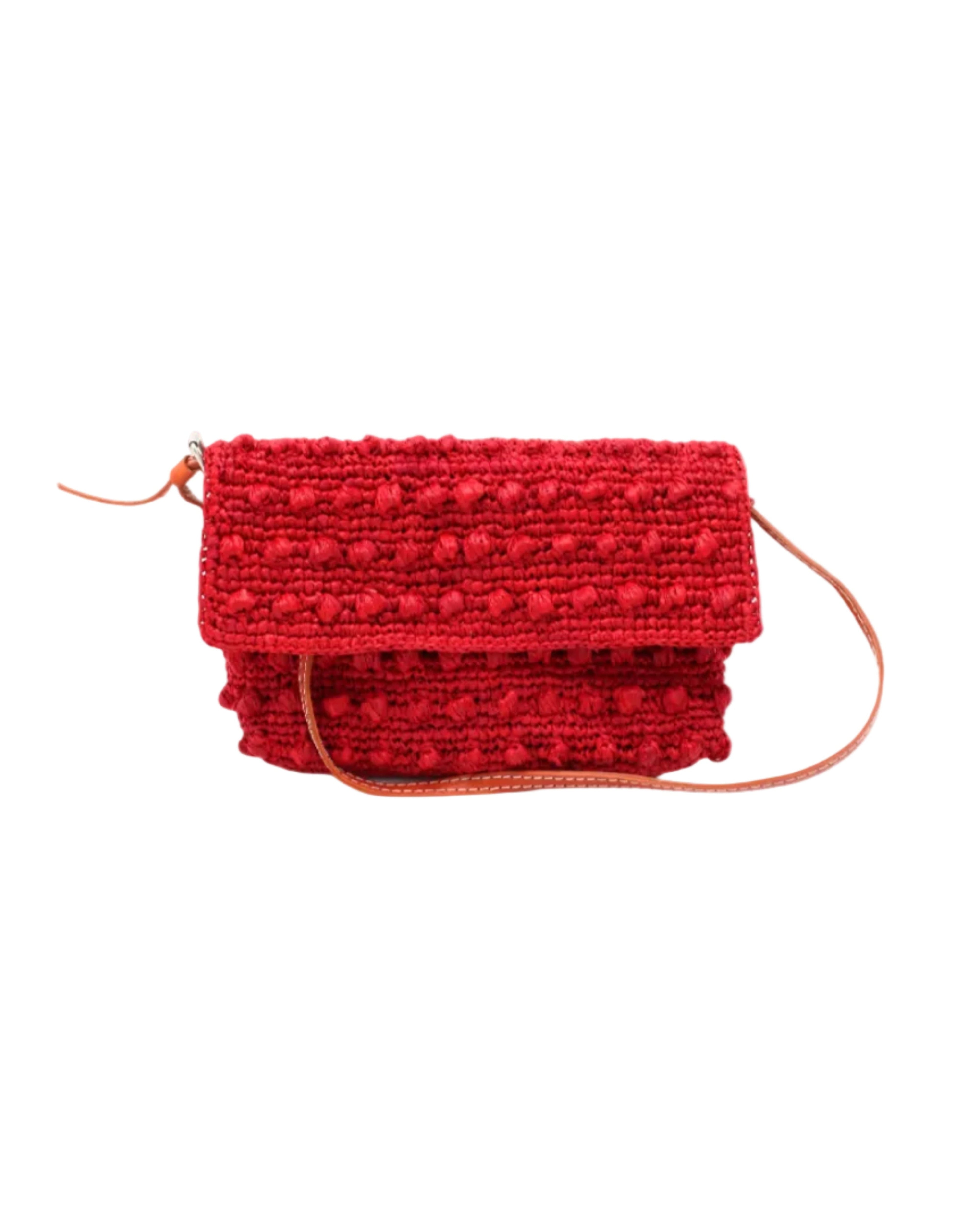 Boucle Red Crochet Straw Crossbody Bag with Tassel Charm handmade woven raffia palm fiber in a solid hue of red in a supple nub/ball texture of horizontal bands around the bag with link weave around the outer envelope closure flap plus adjustable leather shoulder strap beach bag purse - Shebobo