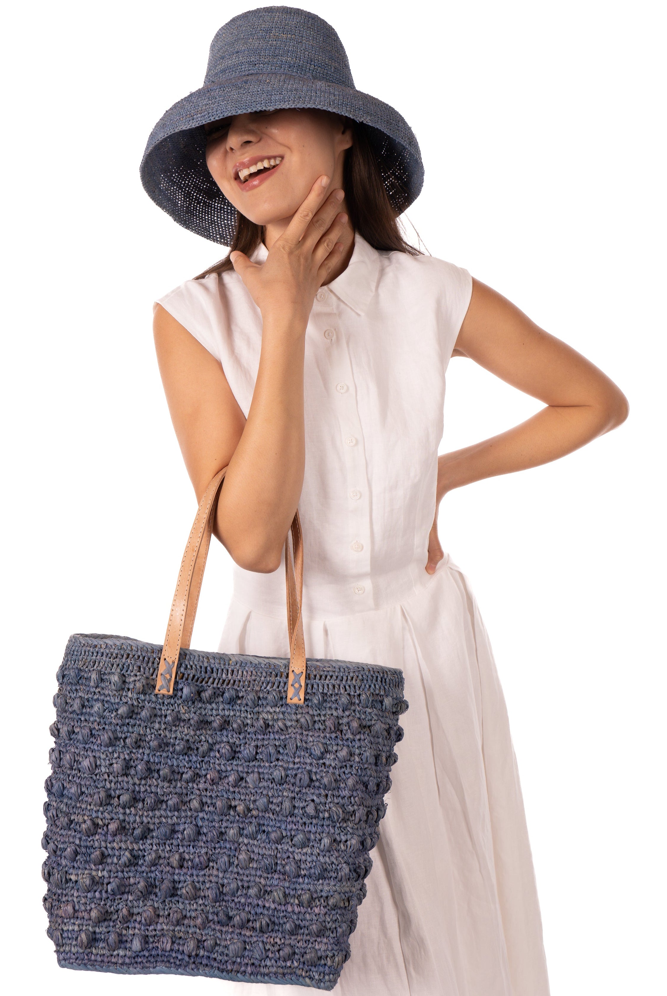 Boucle Denim Crochet Straw Basket Bag handmade woven raffia palm fiber in a solid hue of denim retro/light/blue in a supple nub/ball texture of horizontal bands around the bag with link weave around the top and loop crochet edging on the bottom and top plus leather handles beach bag shoulder bag purse - Shebobo (with 3" Brim Leor Crochet Straw Sun Hats)