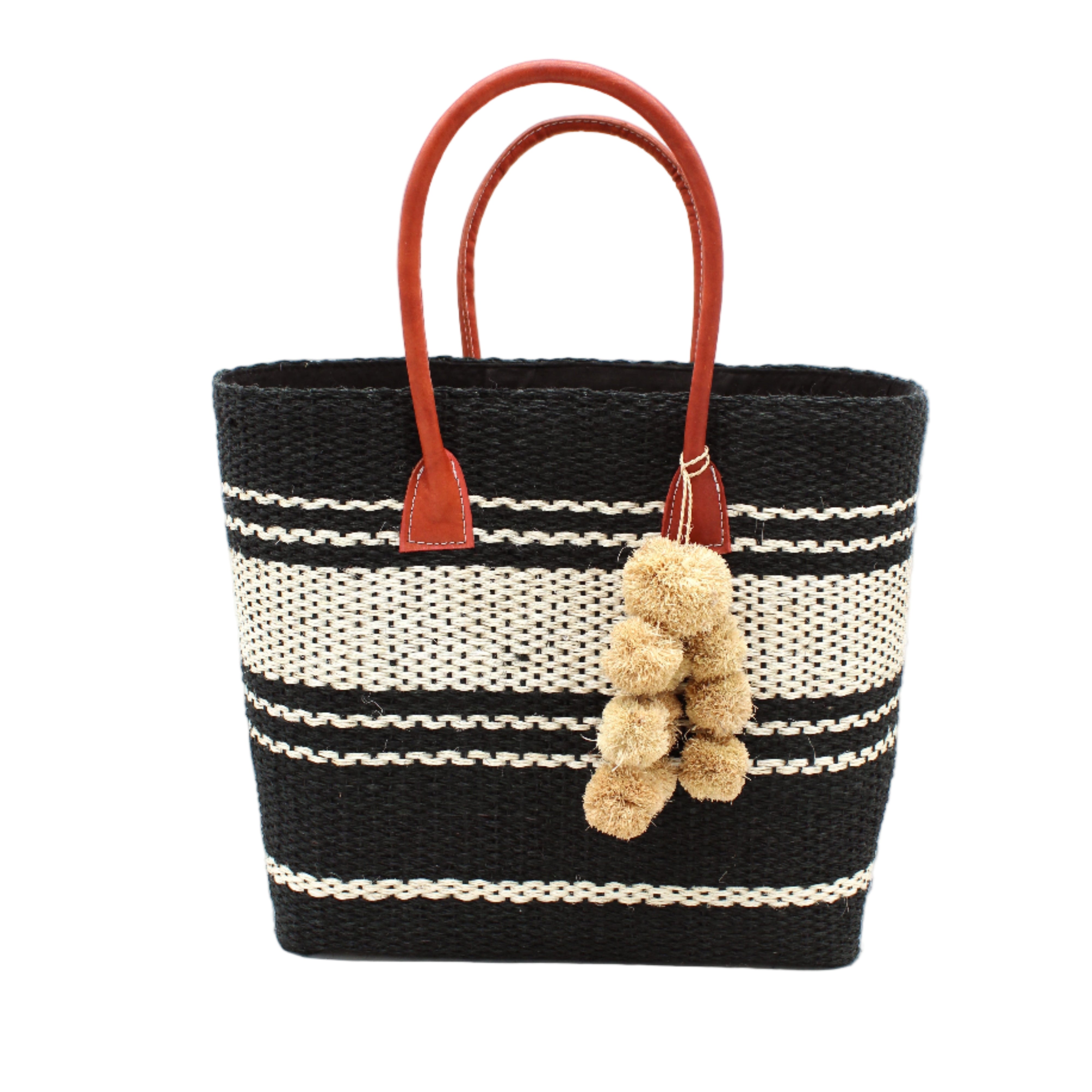 Cabrillo Sisal Basket Bag with Waterfall Pompoms Charm Embellishment handmade natural sisal fiber woven into a multicolor two tone Black and natural straw color horizontal stripe pattern with muti-width bands of color plus leather handles and natural raffia charm shoulder bag beach bag - Shebobo