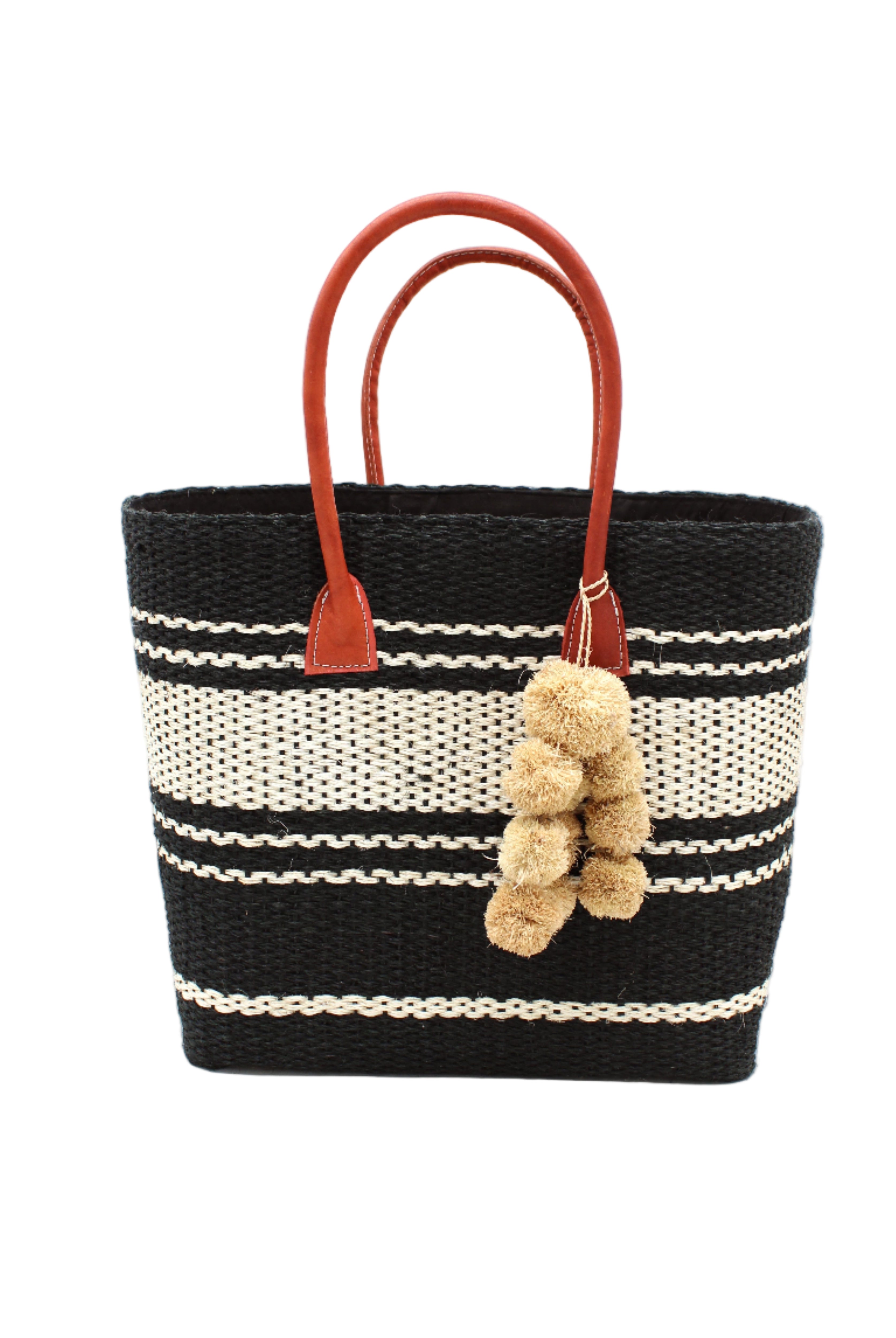 Cabrillo Sisal Basket Bag with Waterfall Pompoms Charm Embellishment handmade natural sisal fiber woven into a multicolor two tone Black and natural straw color horizontal stripe pattern with muti-width bands of color plus leather handles and natural raffia charm shoulder bag beach bag - Shebobo