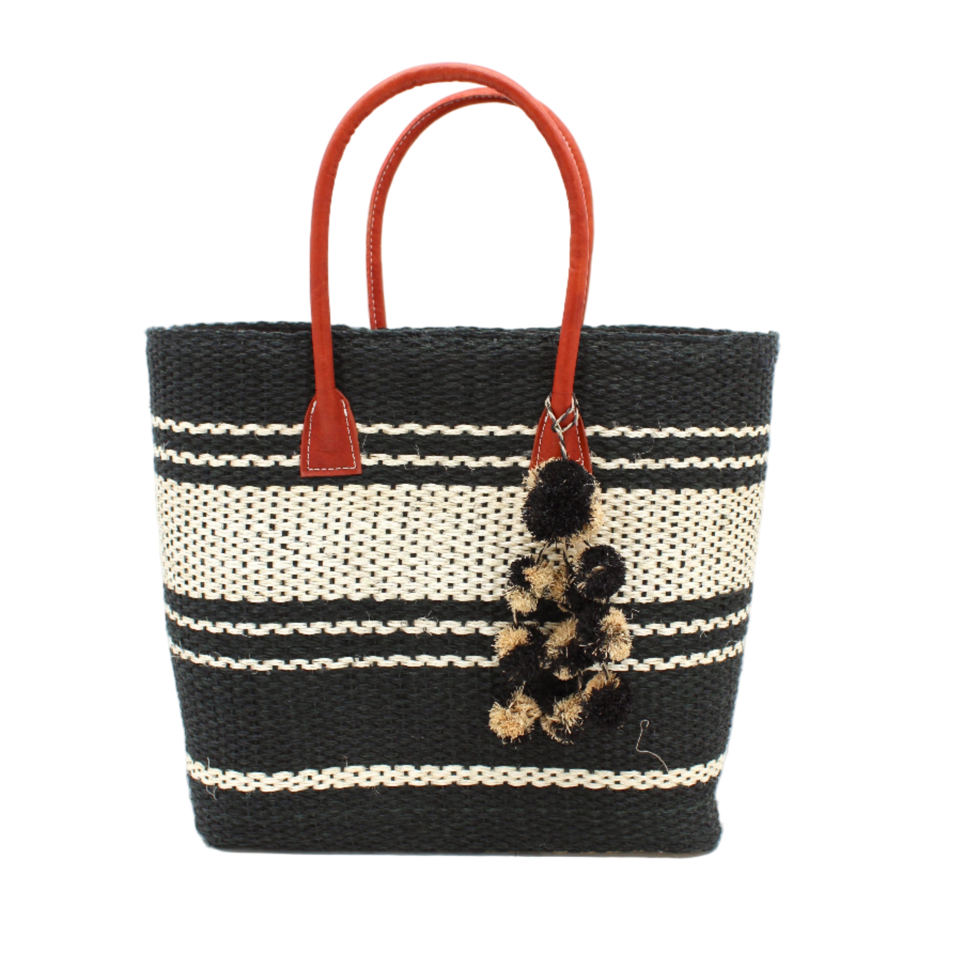 Cabrillo Sisal Basket Bag with Waterfall Pompoms Charm Embellishment handmade natural sisal fiber woven into a multicolor two tone Black and natural straw color horizontal stripe pattern with muti-width bands of color plus leather handles and multicolor raffia charm shoulder bag beach bag - Shebobo
