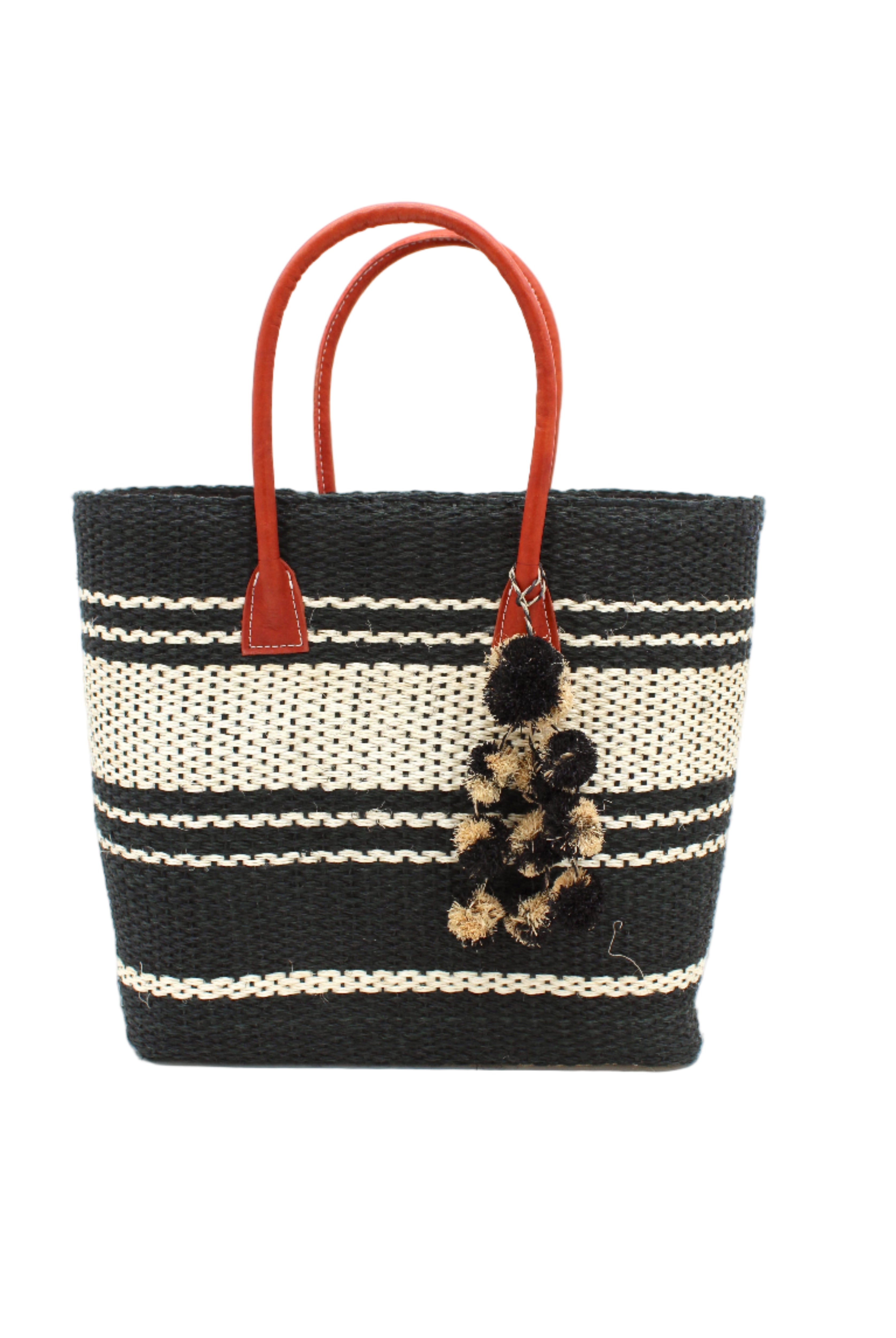 Cabrillo Sisal Basket Bag with Waterfall Pompoms Charm Embellishment handmade natural sisal fiber woven into a multicolor two tone Black and natural straw color horizontal stripe pattern with muti-width bands of color plus leather handles and multicolor raffia charm shoulder bag beach bag - Shebobo