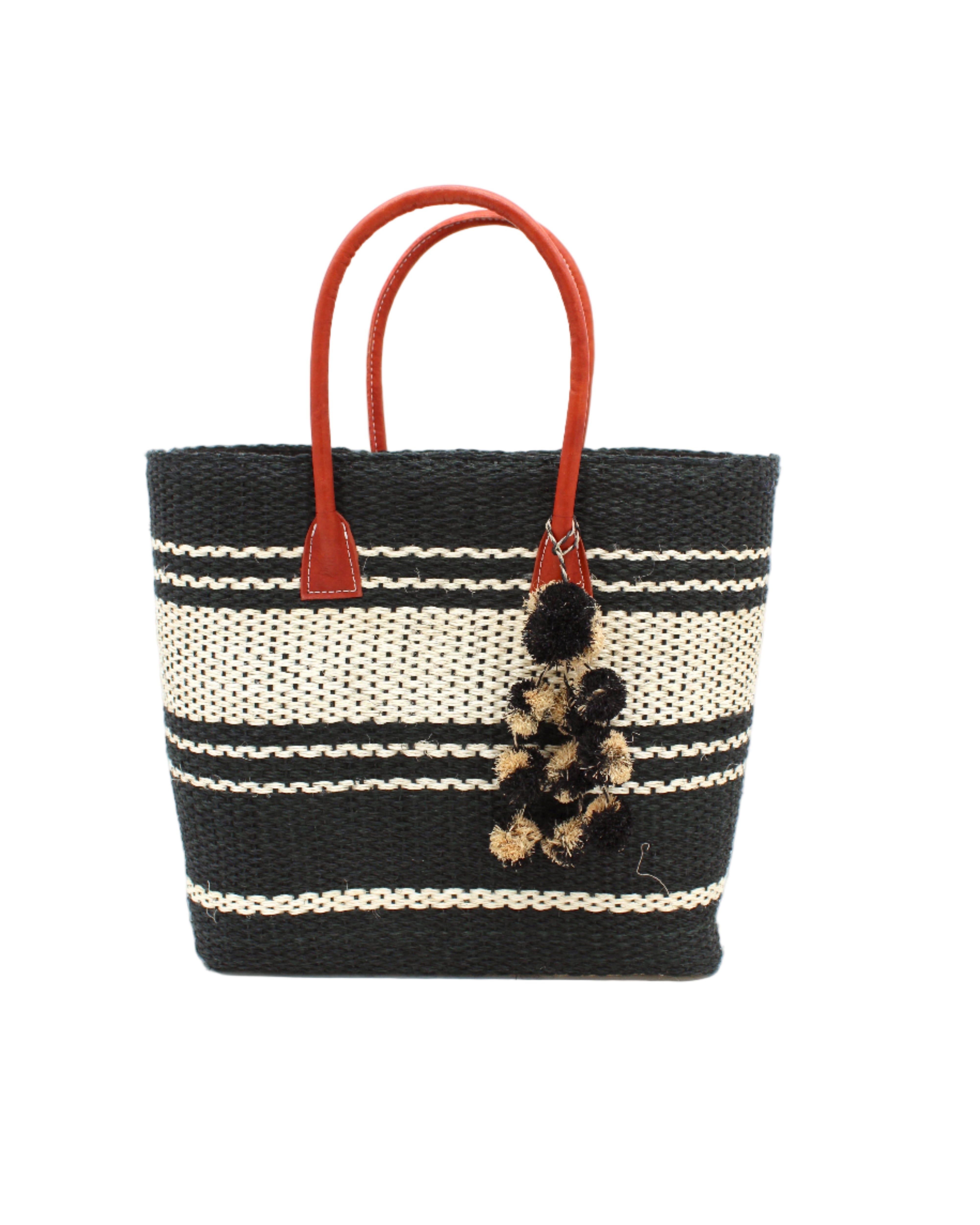 Cabrillo Sisal Basket Bag with Waterfall Pompoms Charm Embellishment handmade natural sisal fiber woven into a multicolor two tone Black and natural straw color horizontal stripe pattern with muti-width bands of color plus leather handles and multicolor raffia charm shoulder bag beach bag - Shebobo