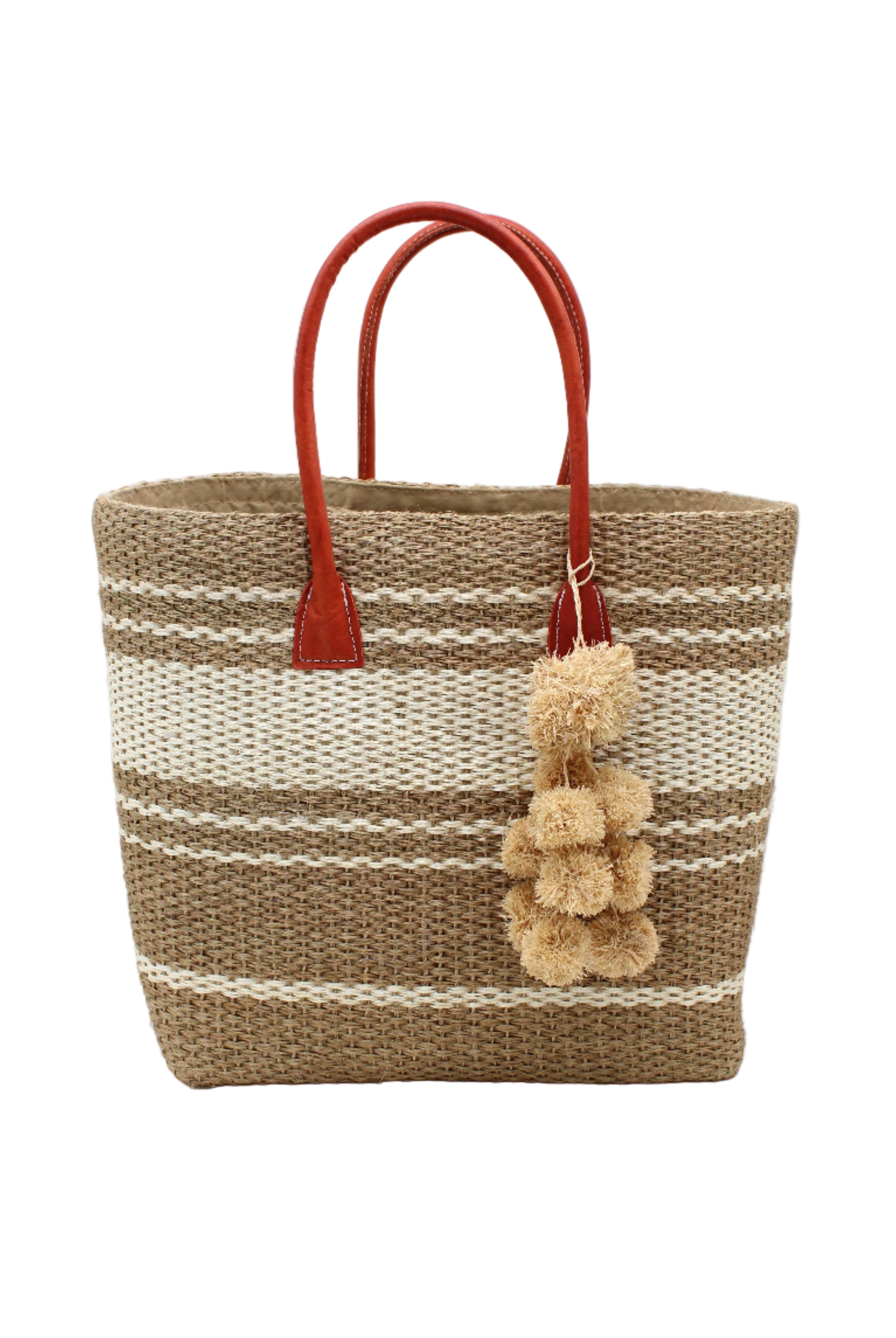 Cabrillo Sisal Basket Bag with Waterfall Pompoms Charm Embellishment handmade natural sisal fiber woven into a multicolor two tone Cappuccino tea/light/brown and natural straw color horizontal stripe pattern with muti-width bands of color plus leather handles and natural raffia charm shoulder bag beach bag - Shebobo