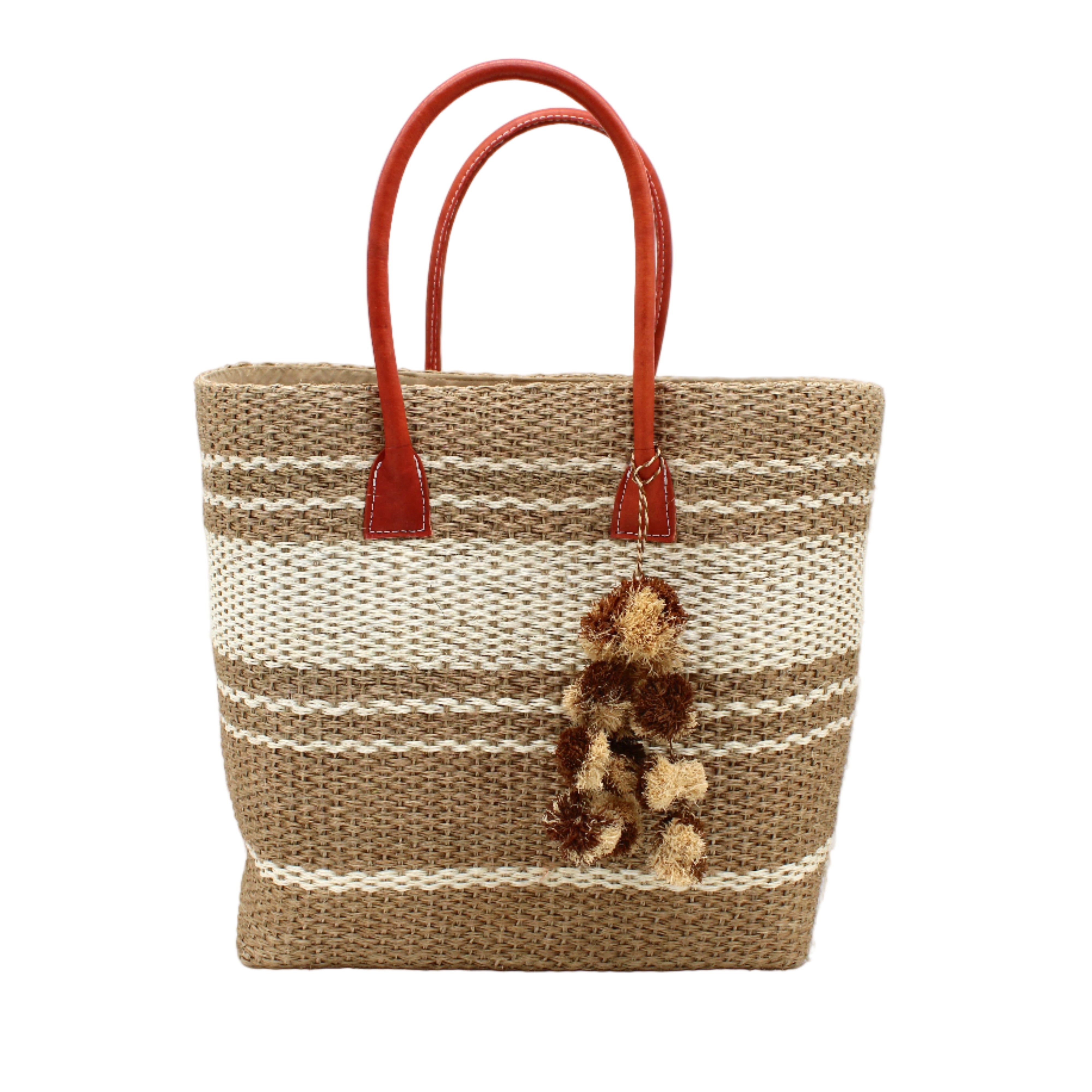 Cabrillo Sisal Basket Bag with Waterfall Pompoms Charm Embellishment handmade natural sisal fiber woven into a multicolor two tone Cappuccino tea/light/brown and natural straw color horizontal stripe pattern with muti-width bands of color plus leather handles and two tone raffia charm shoulder bag beach bag - Shebobo