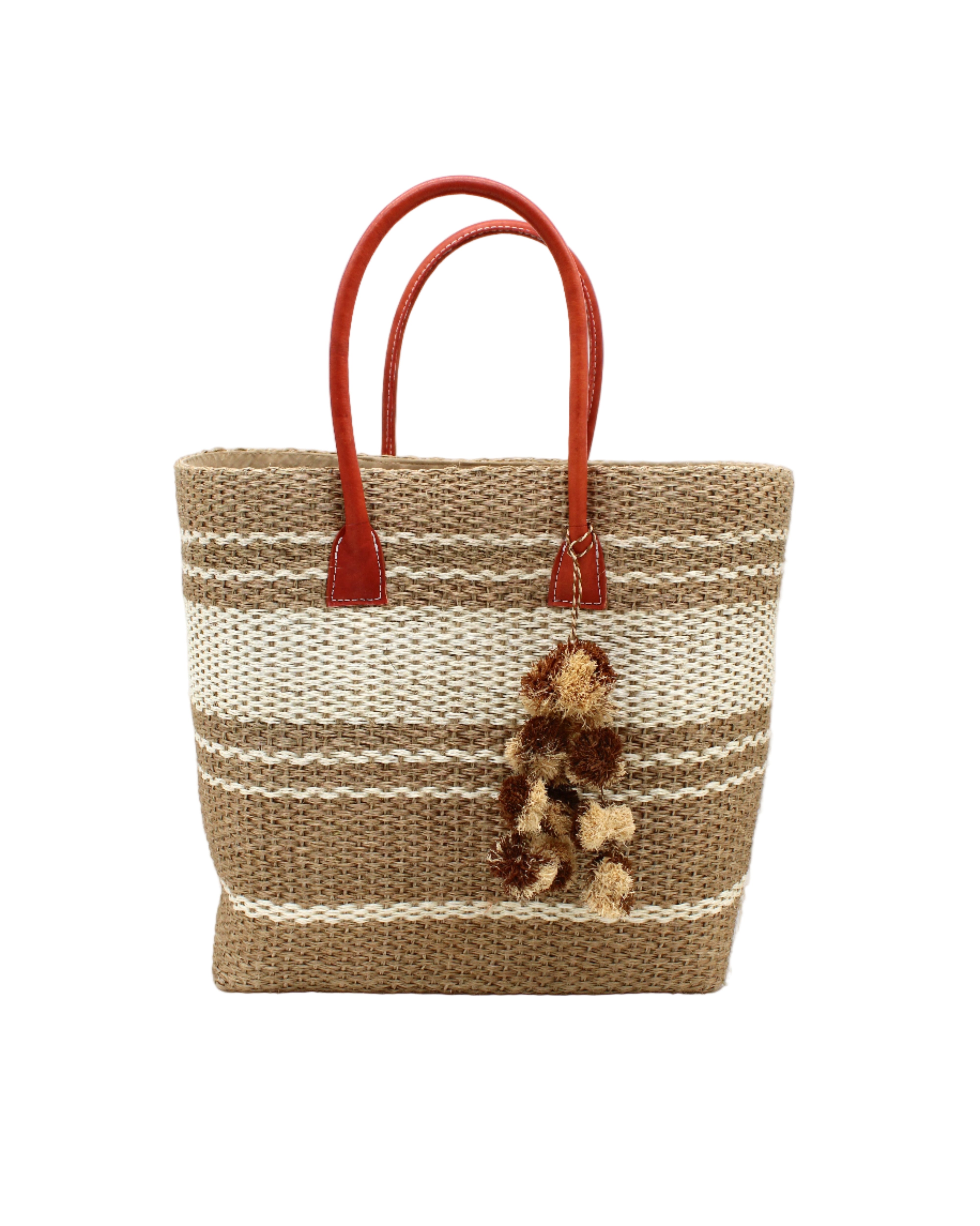 Cabrillo Sisal Basket Bag with Waterfall Pompoms Charm Embellishment handmade natural sisal fiber woven into a multicolor two tone Cappuccino tea/light/brown and natural straw color horizontal stripe pattern with muti-width bands of color plus leather handles and two tone raffia charm shoulder bag beach bag - Shebobo