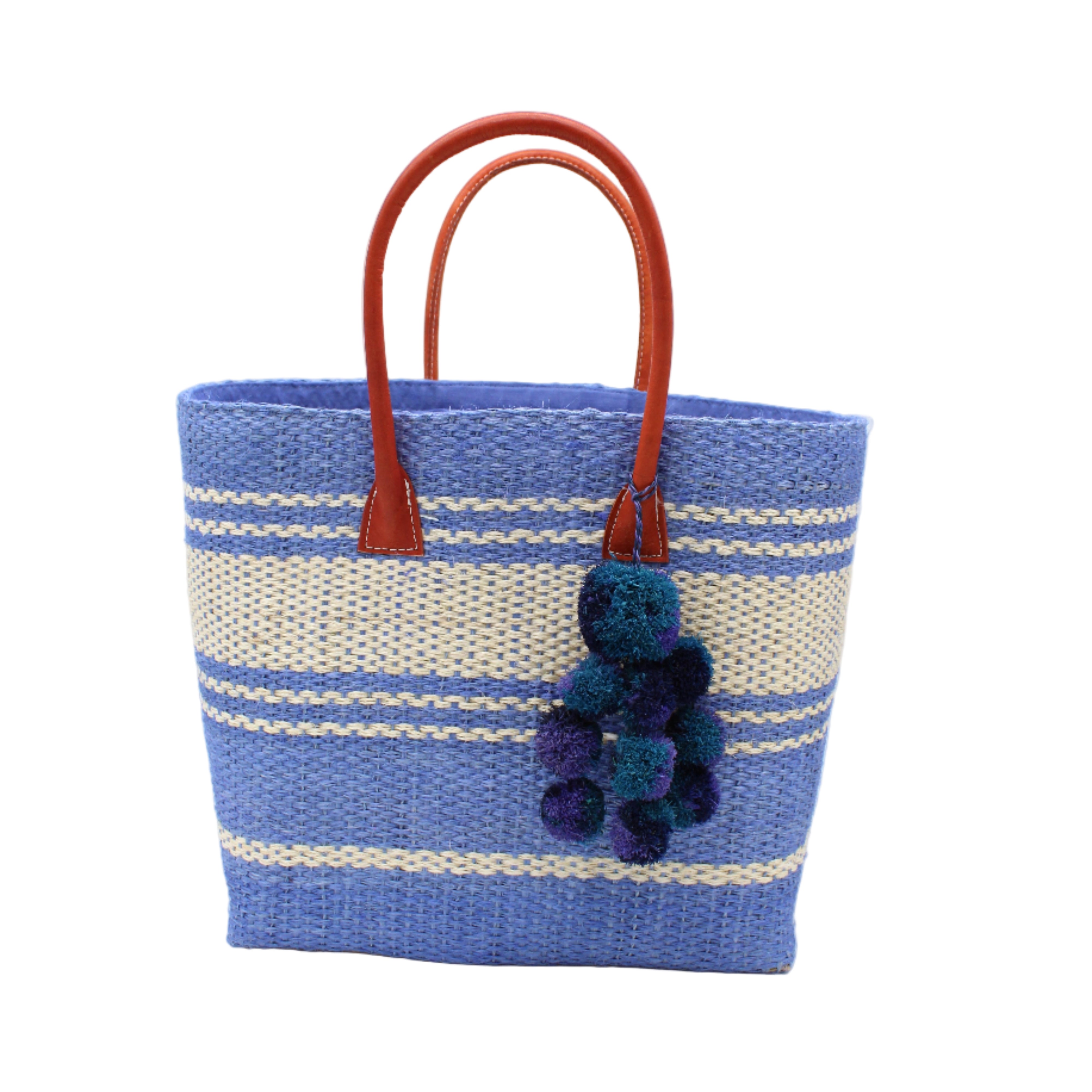 Cabrillo Sisal Basket Bag with Waterfall Pompoms Charm Embellishment handmade natural sisal fiber woven into a multicolor two tone Denim retro/light/blue and natural straw color horizontal stripe pattern with muti-width bands of color plus leather handles and multicolor raffia charm shoulder bag beach bag - Shebobo