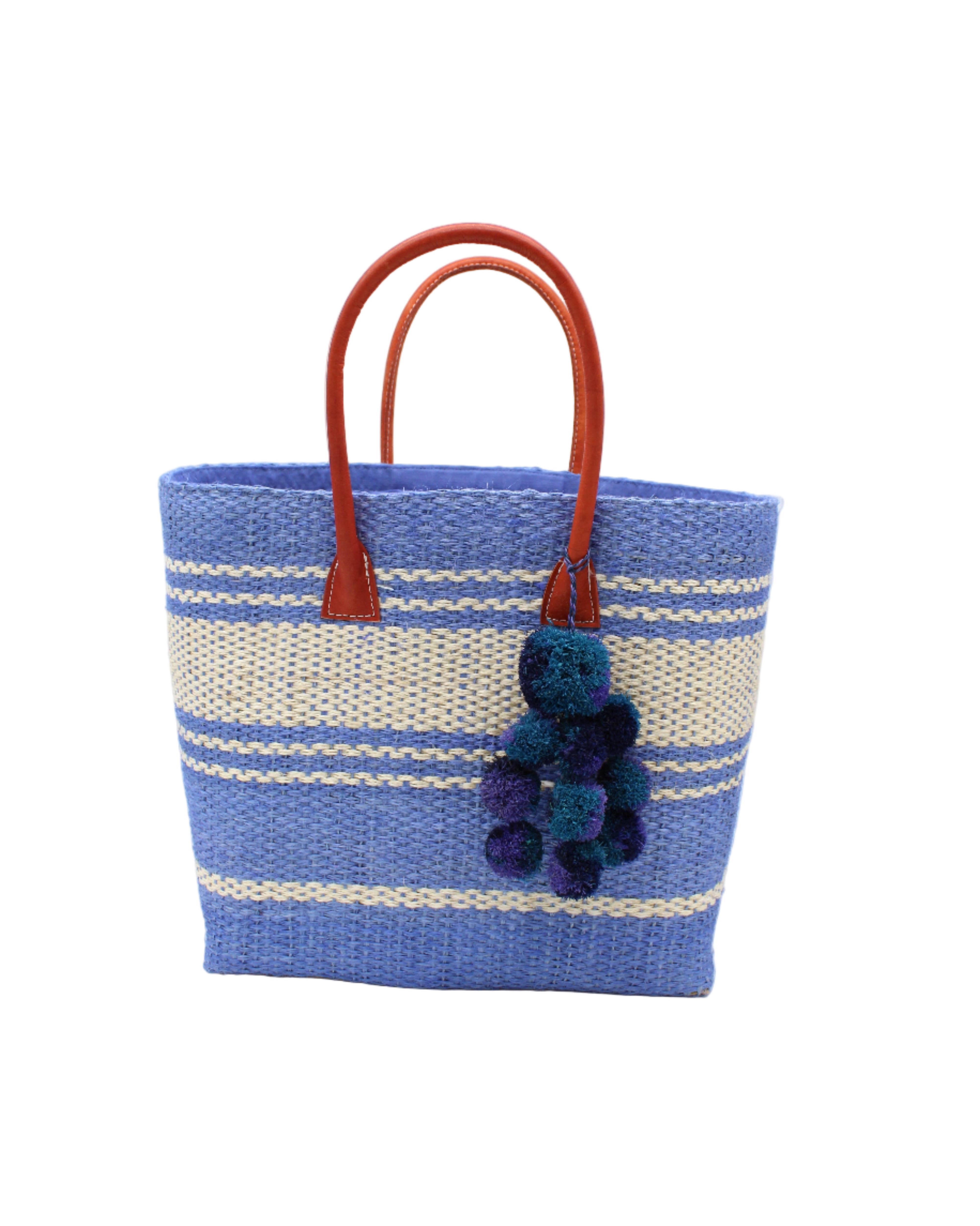 Cabrillo Sisal Basket Bag with Waterfall Pompoms Charm Embellishment handmade natural sisal fiber woven into a multicolor two tone Denim retro/light/blue and natural straw color horizontal stripe pattern with muti-width bands of color plus leather handles and multicolor raffia charm shoulder bag beach bag - Shebobo