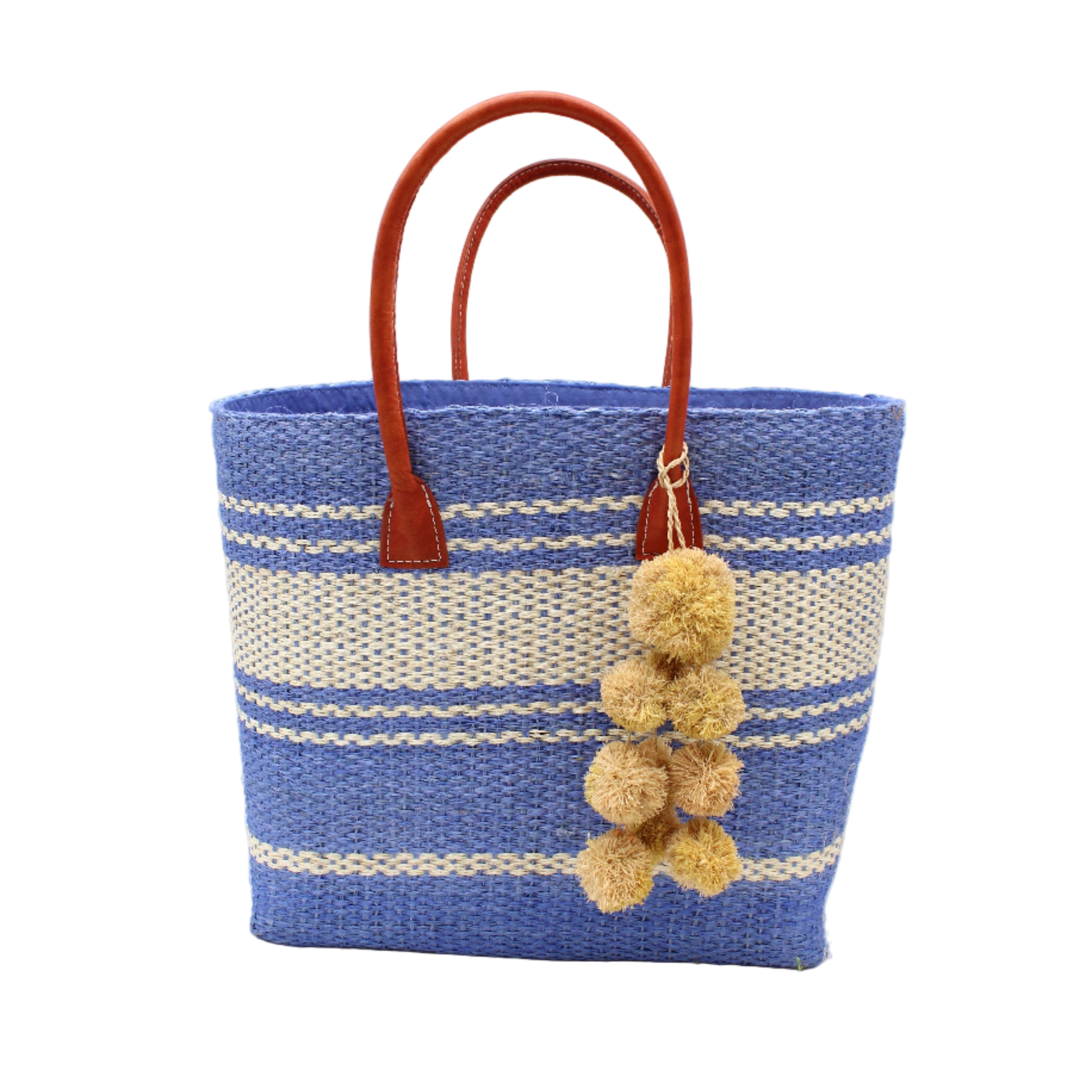 Cabrillo Sisal Basket Bag with Waterfall Pompoms Charm Embellishment handmade natural sisal fiber woven into a multicolor two tone Denim retro/light/blue and natural straw color horizontal stripe pattern with muti-width bands of color plus leather handles and natural raffia charm shoulder bag beach bag - Shebobo