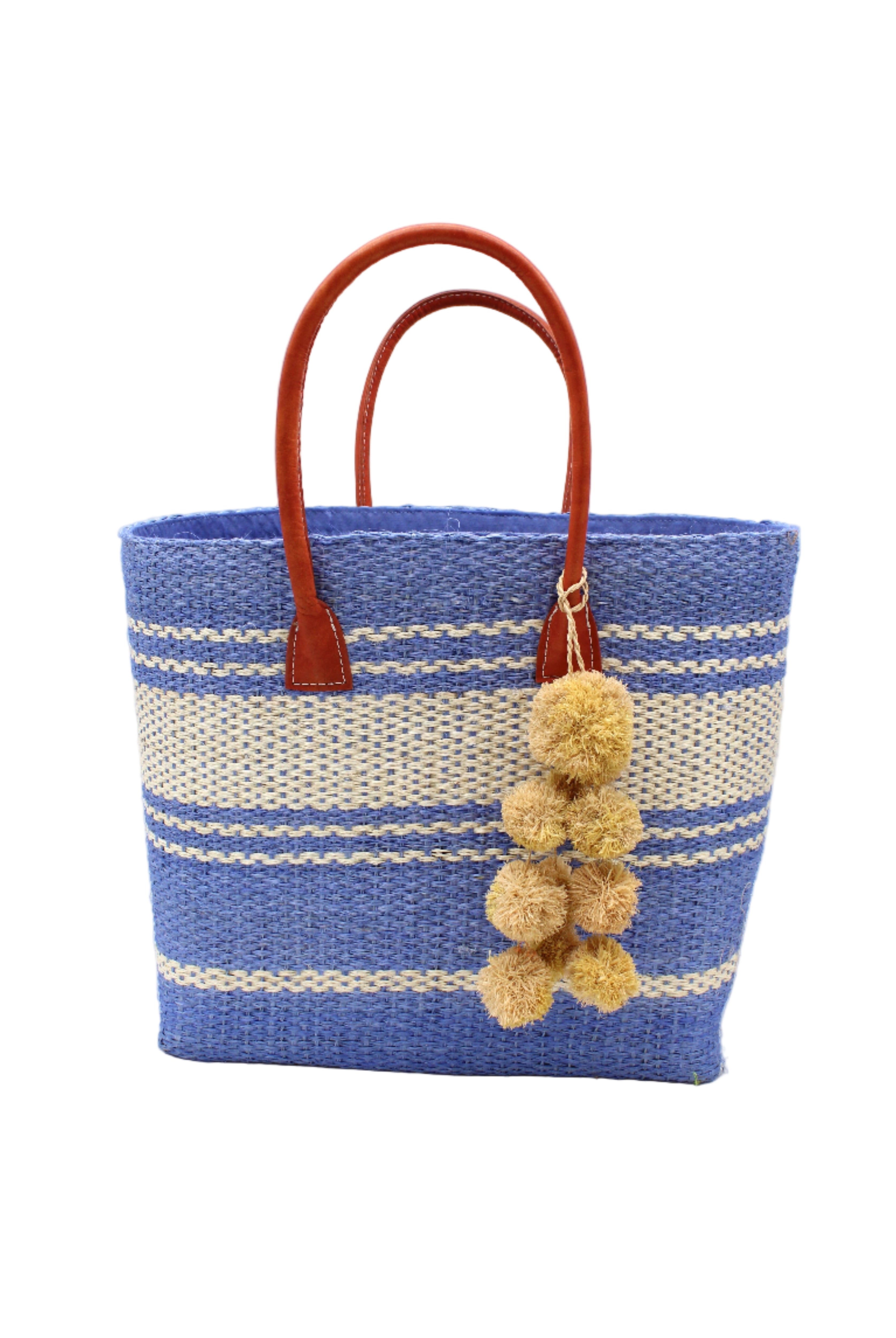 Cabrillo Sisal Basket Bag with Waterfall Pompoms Charm Embellishment handmade natural sisal fiber woven into a multicolor two tone Denim retro/light/blue and natural straw color horizontal stripe pattern with muti-width bands of color plus leather handles and natural raffia charm shoulder bag beach bag - Shebobo