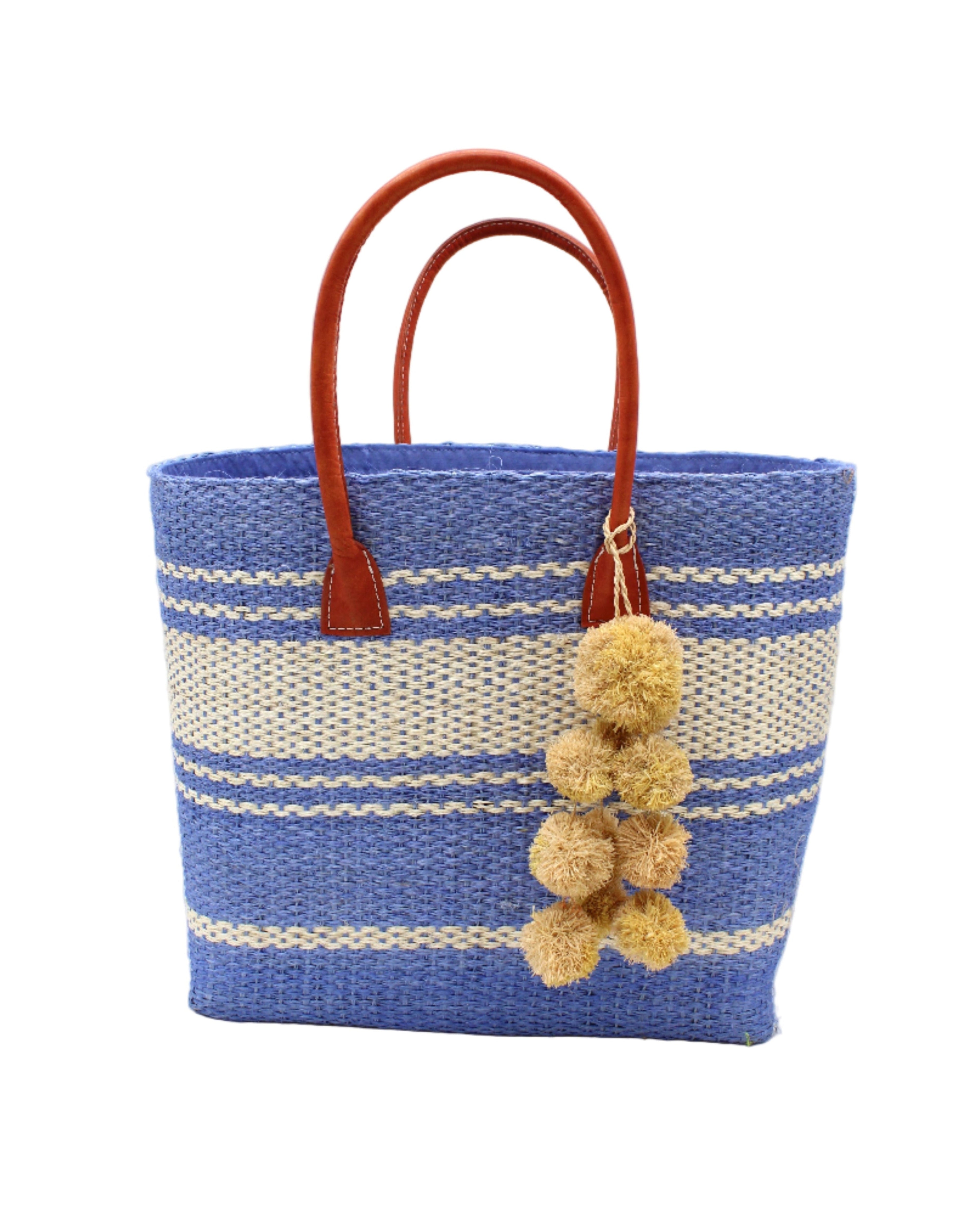 Cabrillo Sisal Basket Bag with Waterfall Pompoms Charm Embellishment handmade natural sisal fiber woven into a multicolor two tone Denim retro/light/blue and natural straw color horizontal stripe pattern with muti-width bands of color plus leather handles and natural raffia charm shoulder bag beach bag - Shebobo