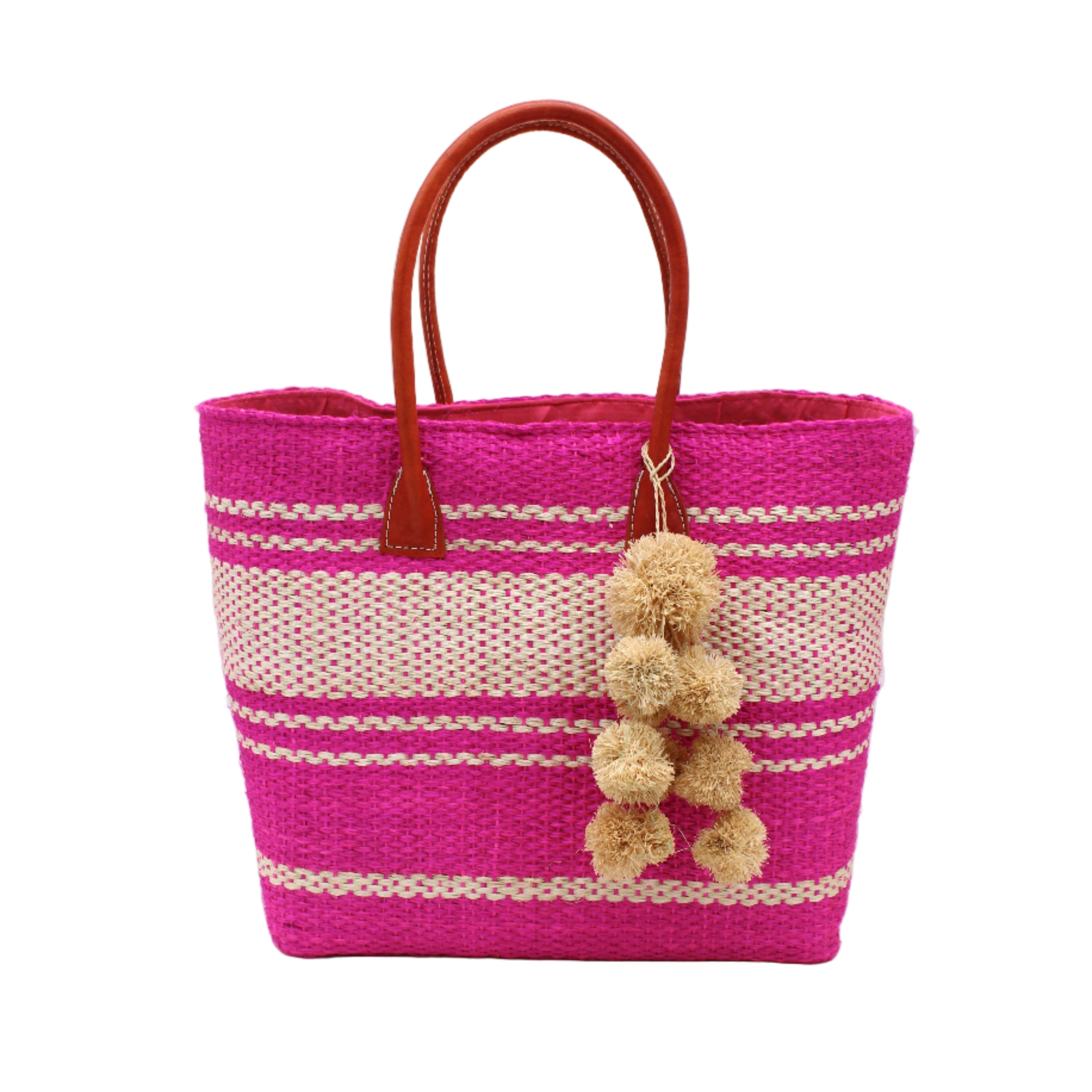 Cabrillo Sisal Basket Bag with Waterfall Pompoms Charm Embellishment handmade natural sisal fiber woven into a multicolor two tone Fuchsia hot/bright/barbie/pink and natural straw color horizontal stripe pattern with muti-width bands of color plus leather handles and natural raffia charm shoulder bag beach bag - Shebobo