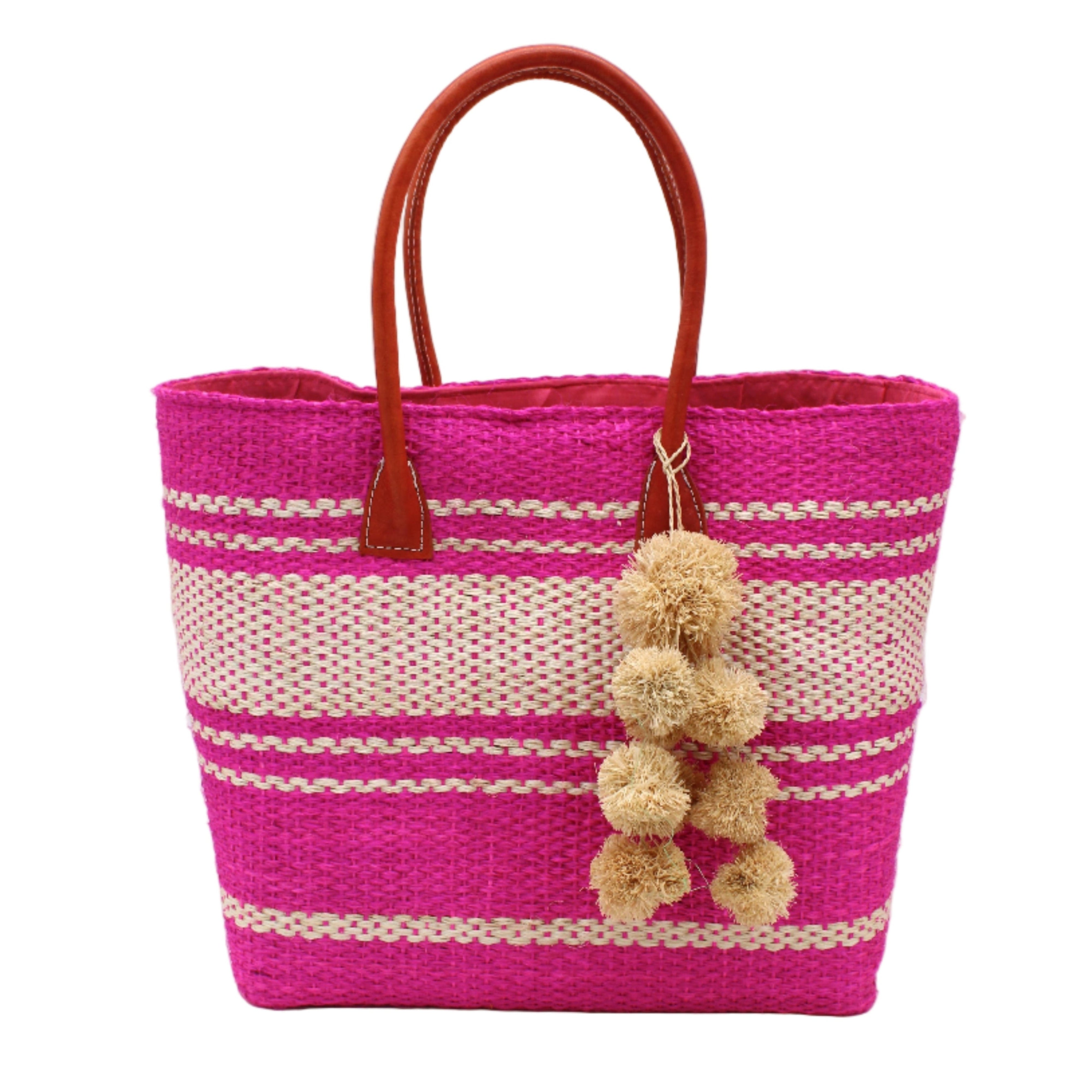 Cabrillo Sisal Basket Bag with Waterfall Pompoms Charm Embellishment handmade natural sisal fiber woven into a multicolor two tone Fuchsia hot/bright/barbie/pink and natural straw color horizontal stripe pattern with muti-width bands of color plus leather handles and natural raffia charm shoulder bag beach bag - Shebobo