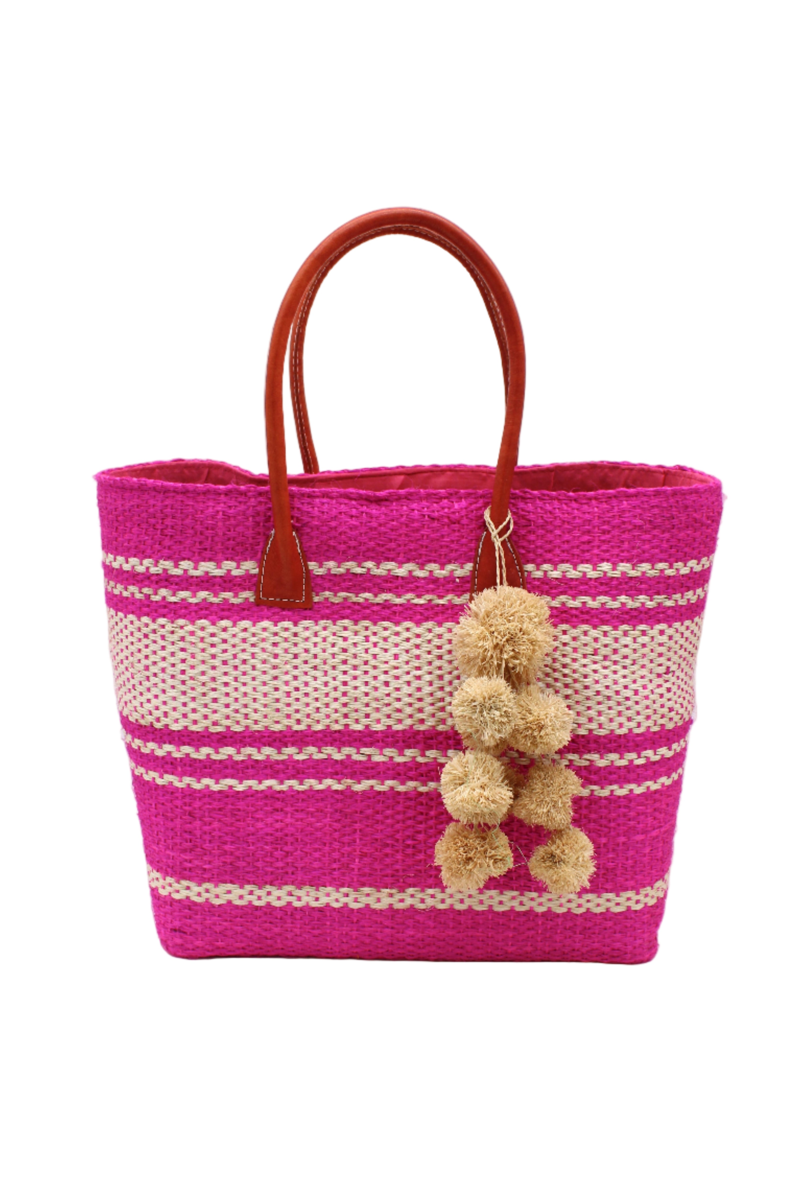 Cabrillo Sisal Basket Bag with Waterfall Pompoms Charm Embellishment handmade natural sisal fiber woven into a multicolor two tone Fuchsia hot/bright/barbie/pink and natural straw color horizontal stripe pattern with muti-width bands of color plus leather handles and natural raffia charm shoulder bag beach bag - Shebobo
