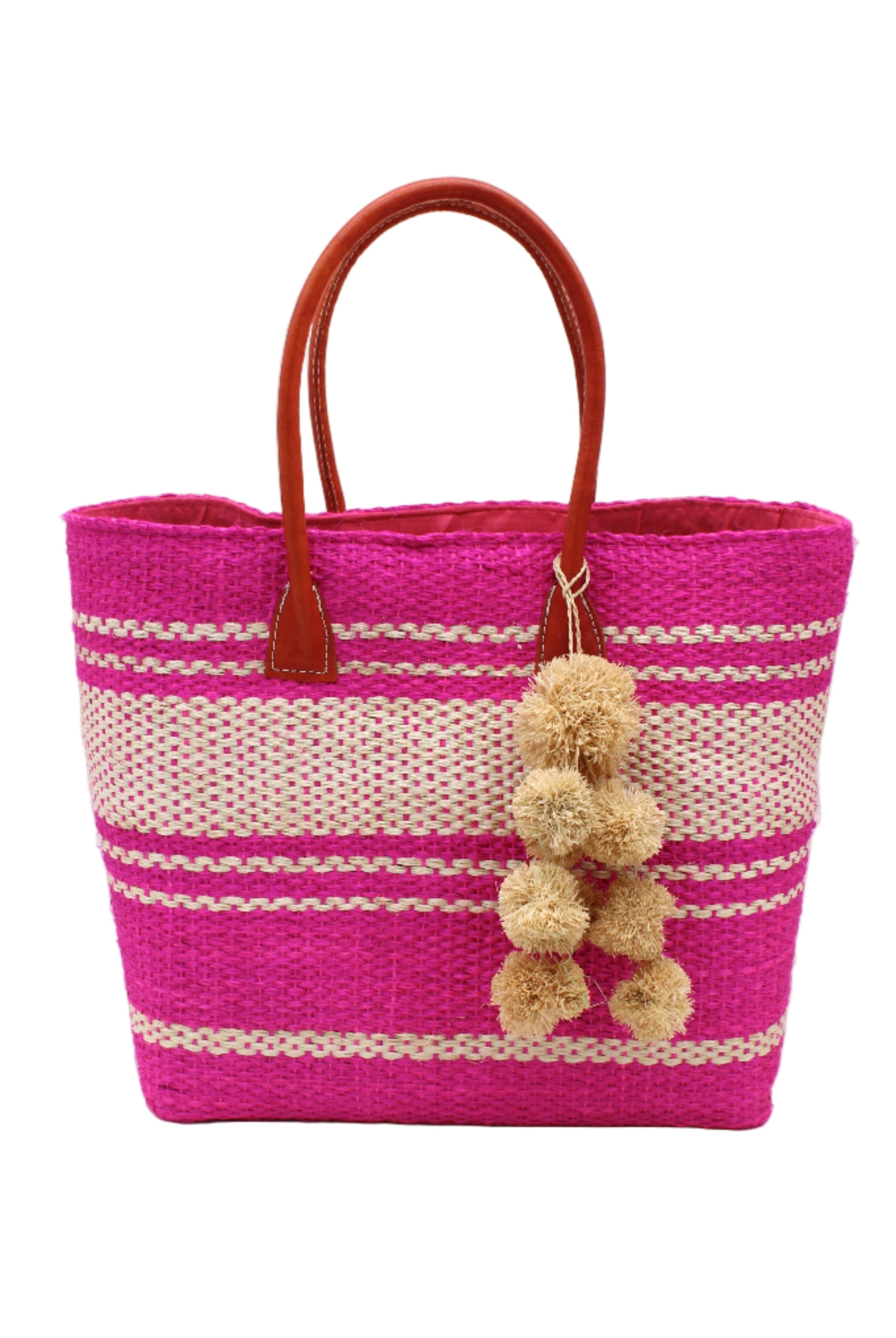 Cabrillo Sisal Basket Bag with Waterfall Pompoms Charm Embellishment handmade natural sisal fiber woven into a multicolor two tone Fuchsia hot/bright/barbie/pink and natural straw color horizontal stripe pattern with muti-width bands of color plus leather handles and natural raffia charm shoulder bag beach bag - Shebobo