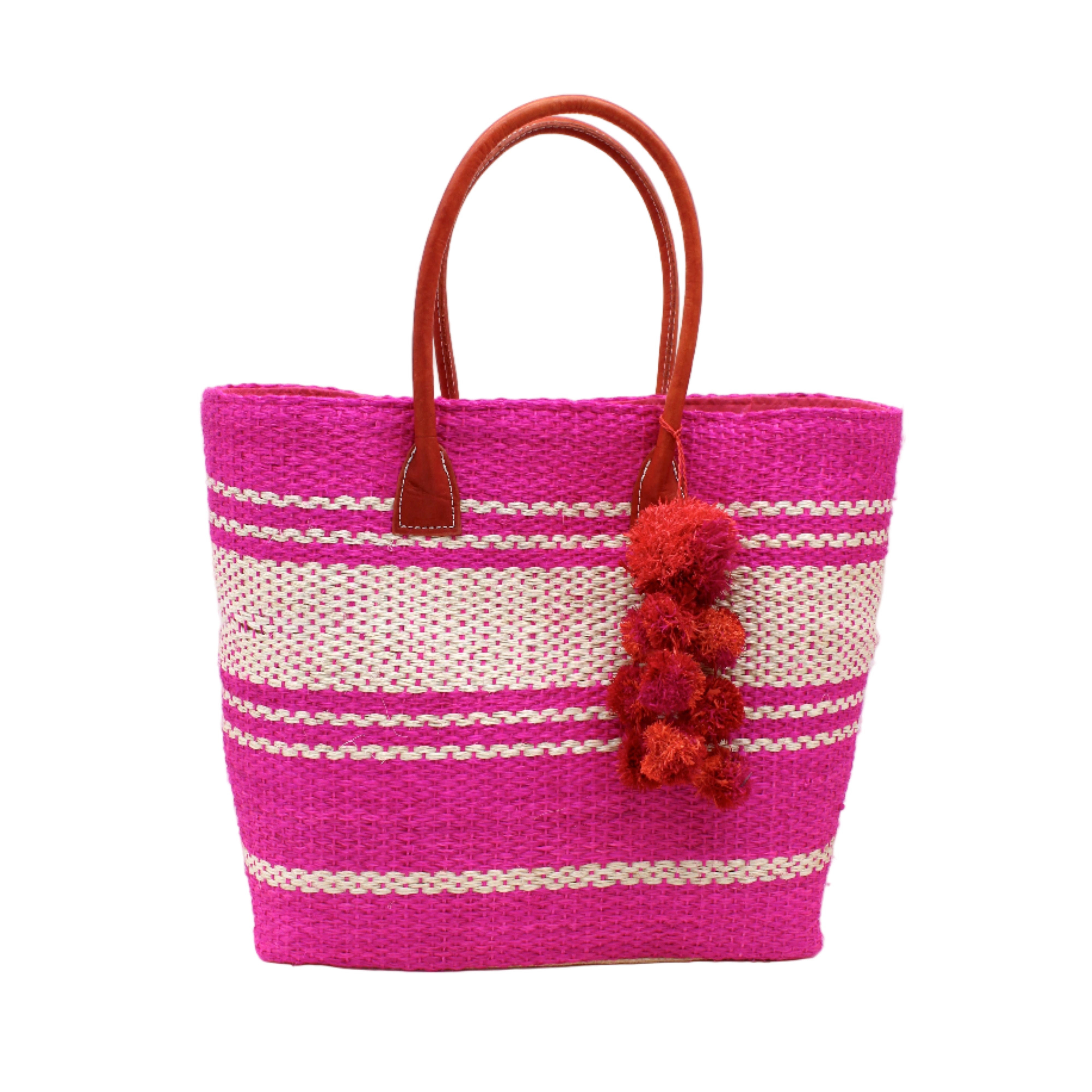 Cabrillo Sisal Basket Bag with Waterfall Pompoms Charm Embellishment handmade natural sisal fiber woven into a multicolor two tone Fuchsia hot/bright/barbie/pink and natural straw color horizontal stripe pattern with muti-width bands of color plus leather handles and multicolor raffia charm shoulder bag beach bag - Shebobo
