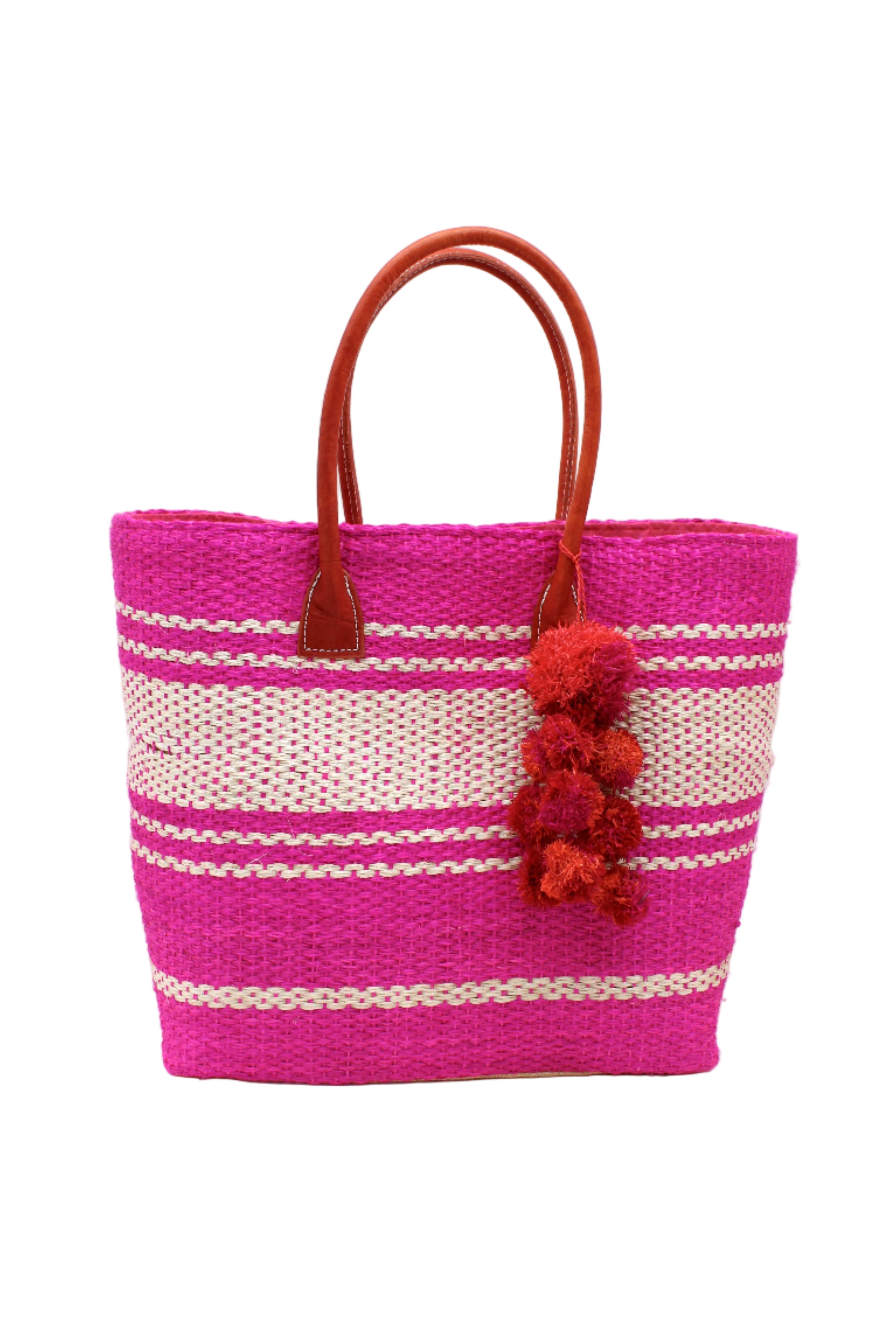 Cabrillo Sisal Basket Bag with Waterfall Pompoms Charm Embellishment handmade natural sisal fiber woven into a multicolor two tone Fuchsia hot/bright/barbie/pink and natural straw color horizontal stripe pattern with muti-width bands of color plus leather handles and multicolor raffia charm shoulder bag beach bag - Shebobo