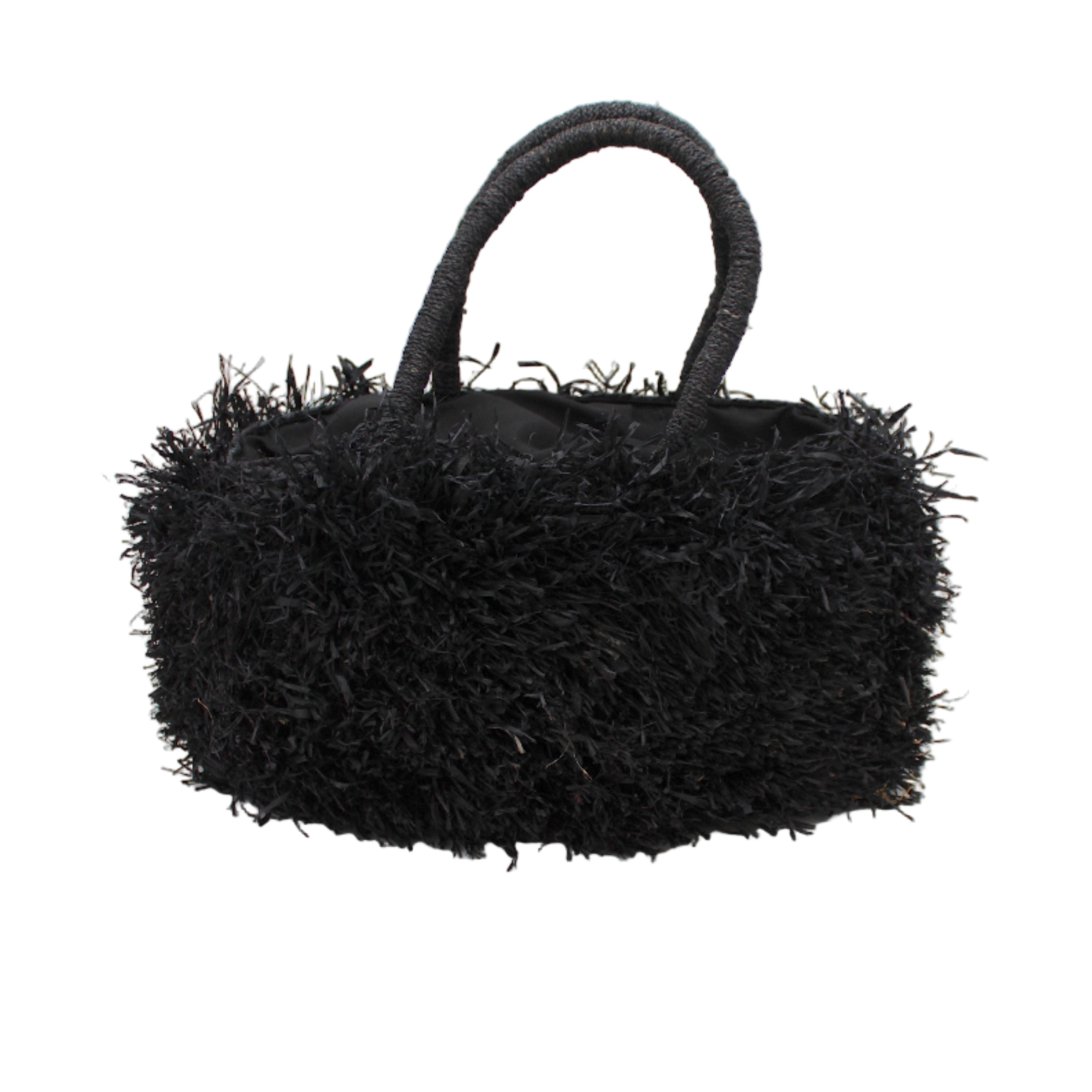 Calypso Pompom Pouf Crochet Straw Basket Handbag handmade natural raffia palm fiber in a solid hue of Black with brushed fringe strands crochet and knotted into a pouf texture with matching wrapped handles purse - Shebobo