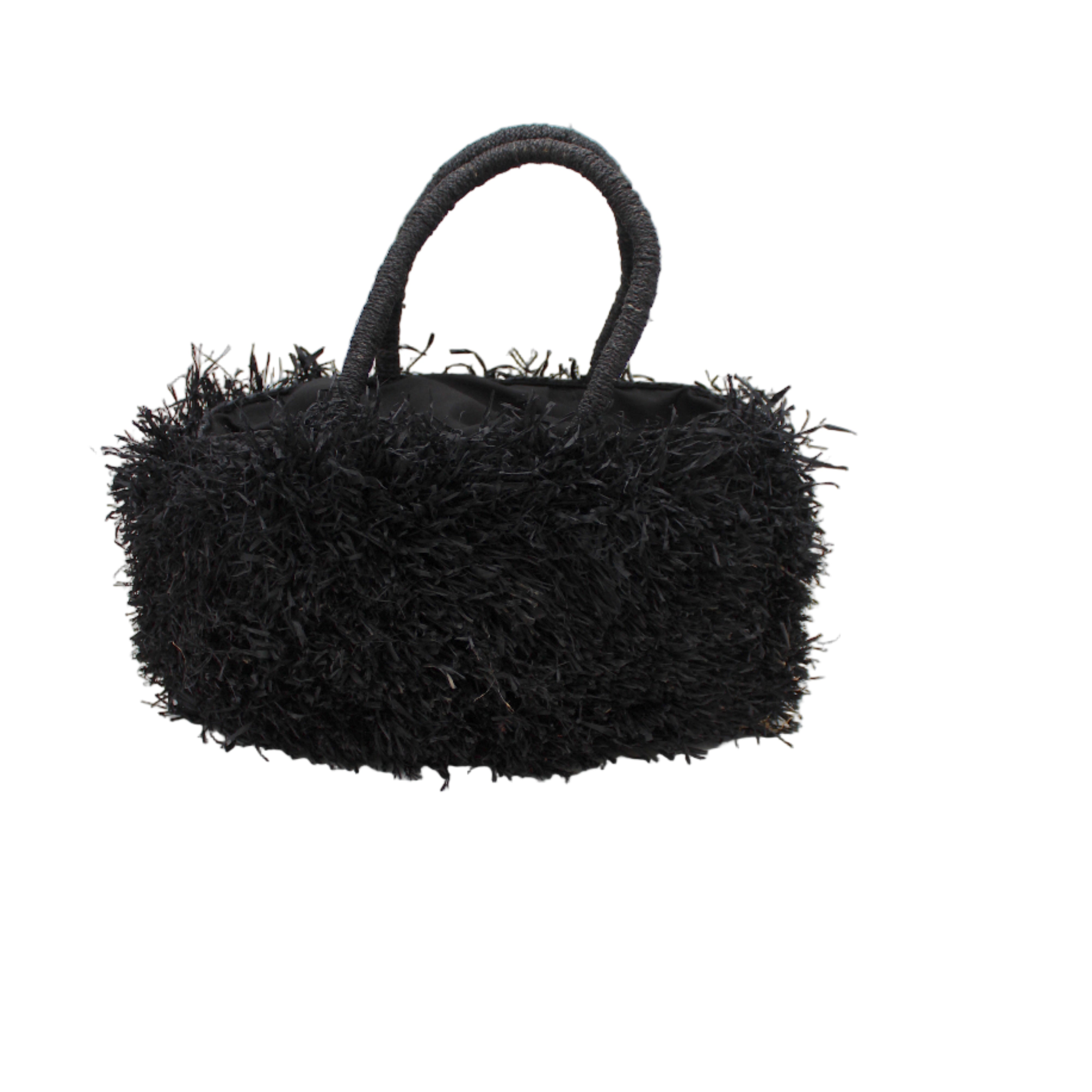 Calypso Pompom Pouf Crochet Straw Basket Handbag handmade natural raffia palm fiber in a solid hue of Black with brushed fringe strands crochet and knotted into a pouf texture with matching wrapped handles purse - Shebobo