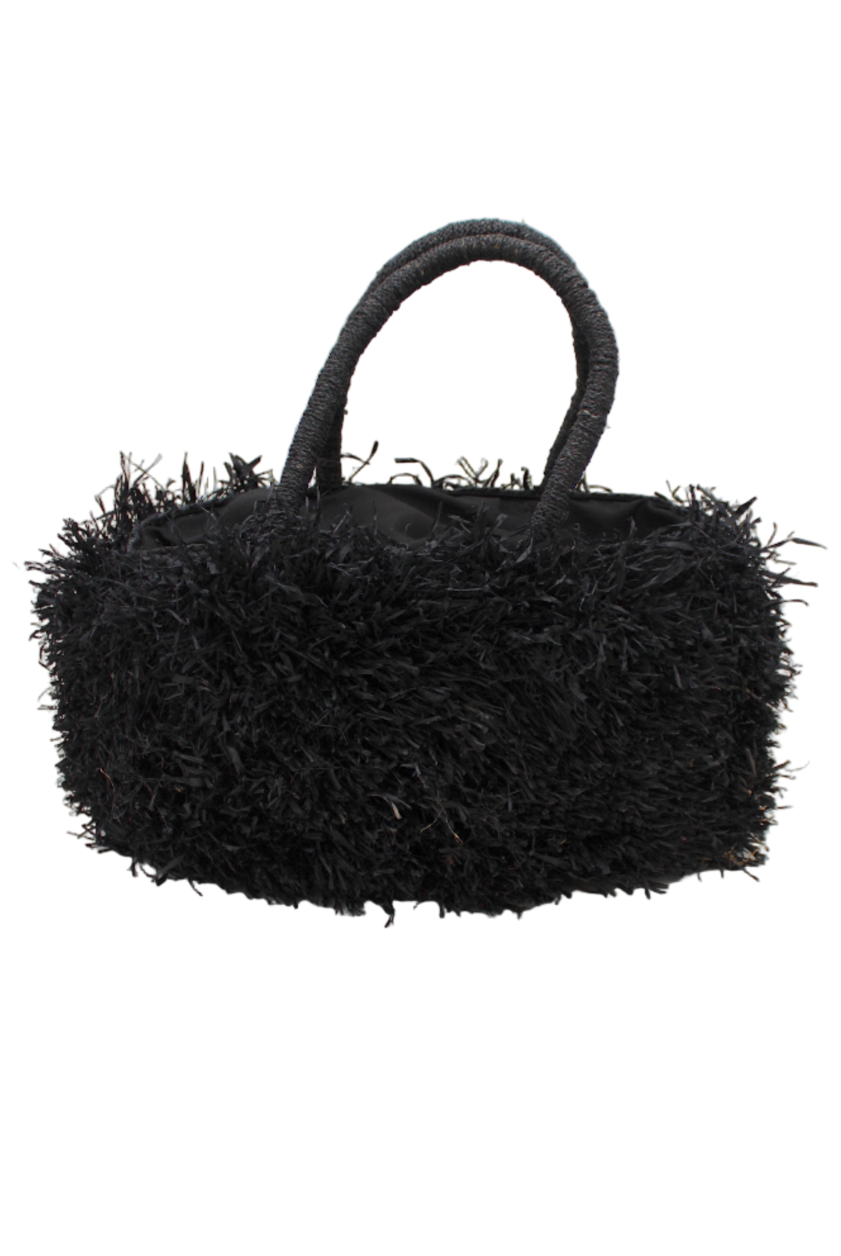 Calypso Pompom Pouf Crochet Straw Basket Handbag handmade natural raffia palm fiber in a solid hue of Black with brushed fringe strands crochet and knotted into a pouf texture with matching wrapped handles purse - Shebobo