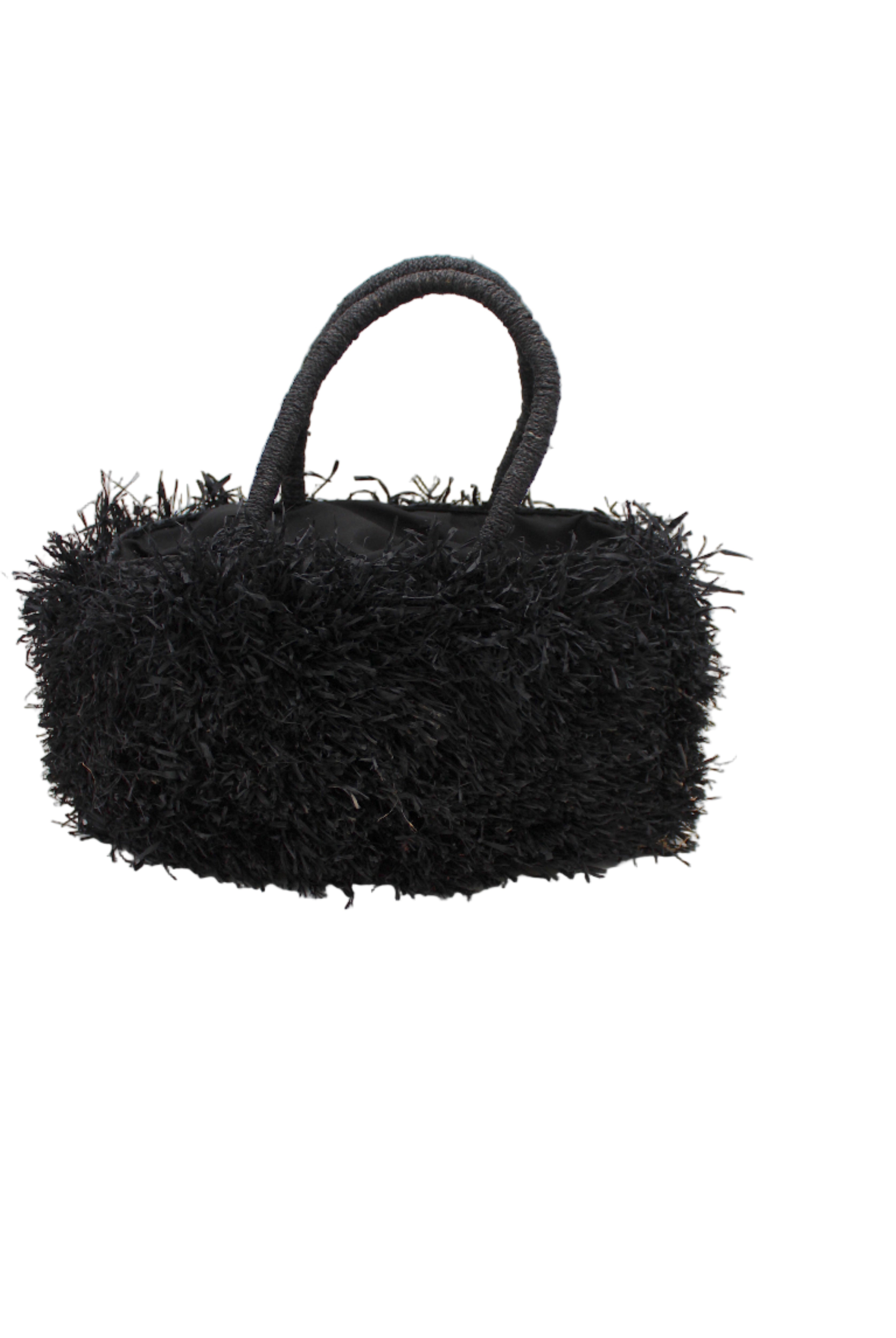 Calypso Pompom Pouf Crochet Straw Basket Handbag handmade natural raffia palm fiber in a solid hue of Black with brushed fringe strands crochet and knotted into a pouf texture with matching wrapped handles purse - Shebobo