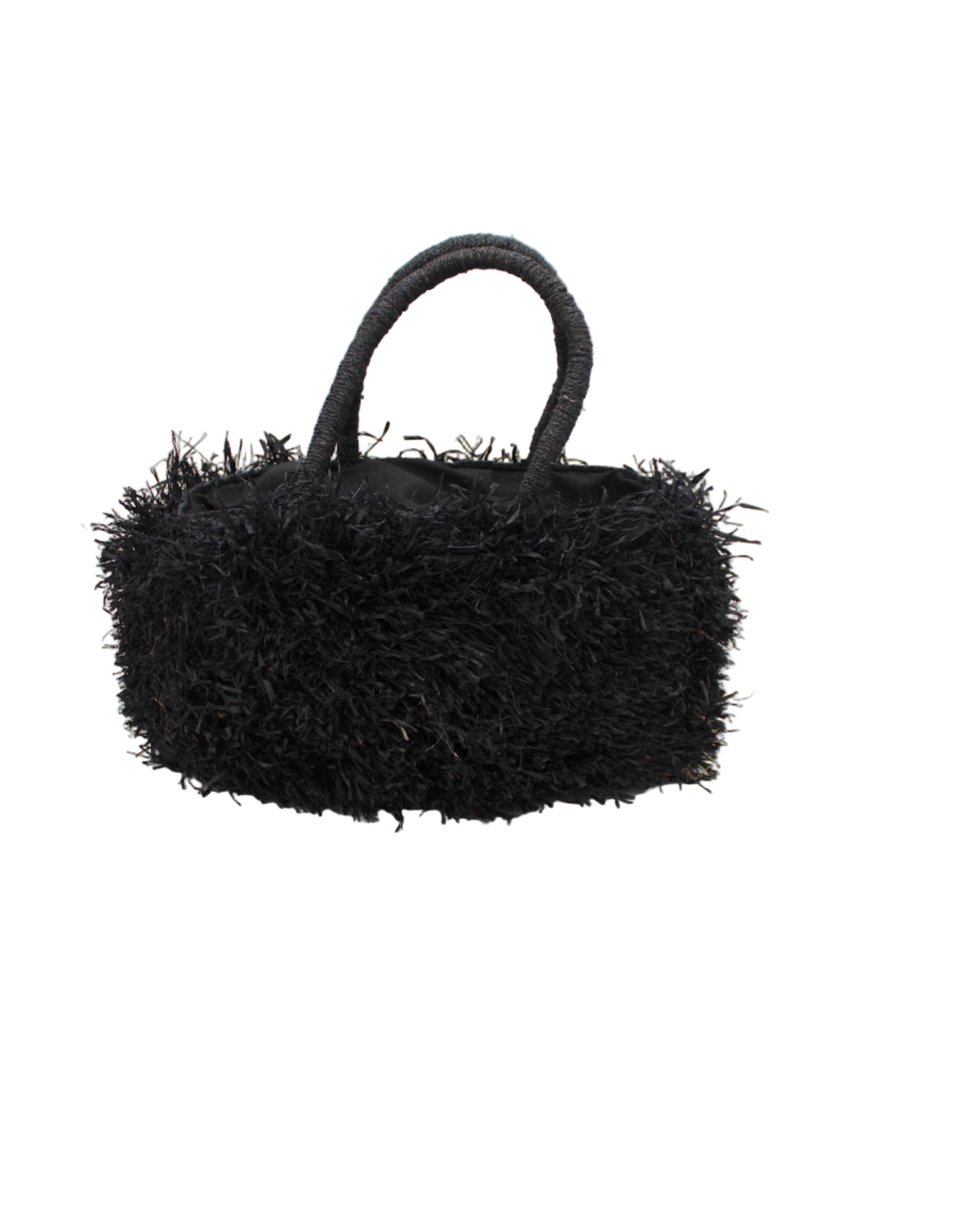 Calypso Pompom Pouf Crochet Straw Basket Handbag handmade natural raffia palm fiber in a solid hue of Black with brushed fringe strands crochet and knotted into a pouf texture with matching wrapped handles purse - Shebobo