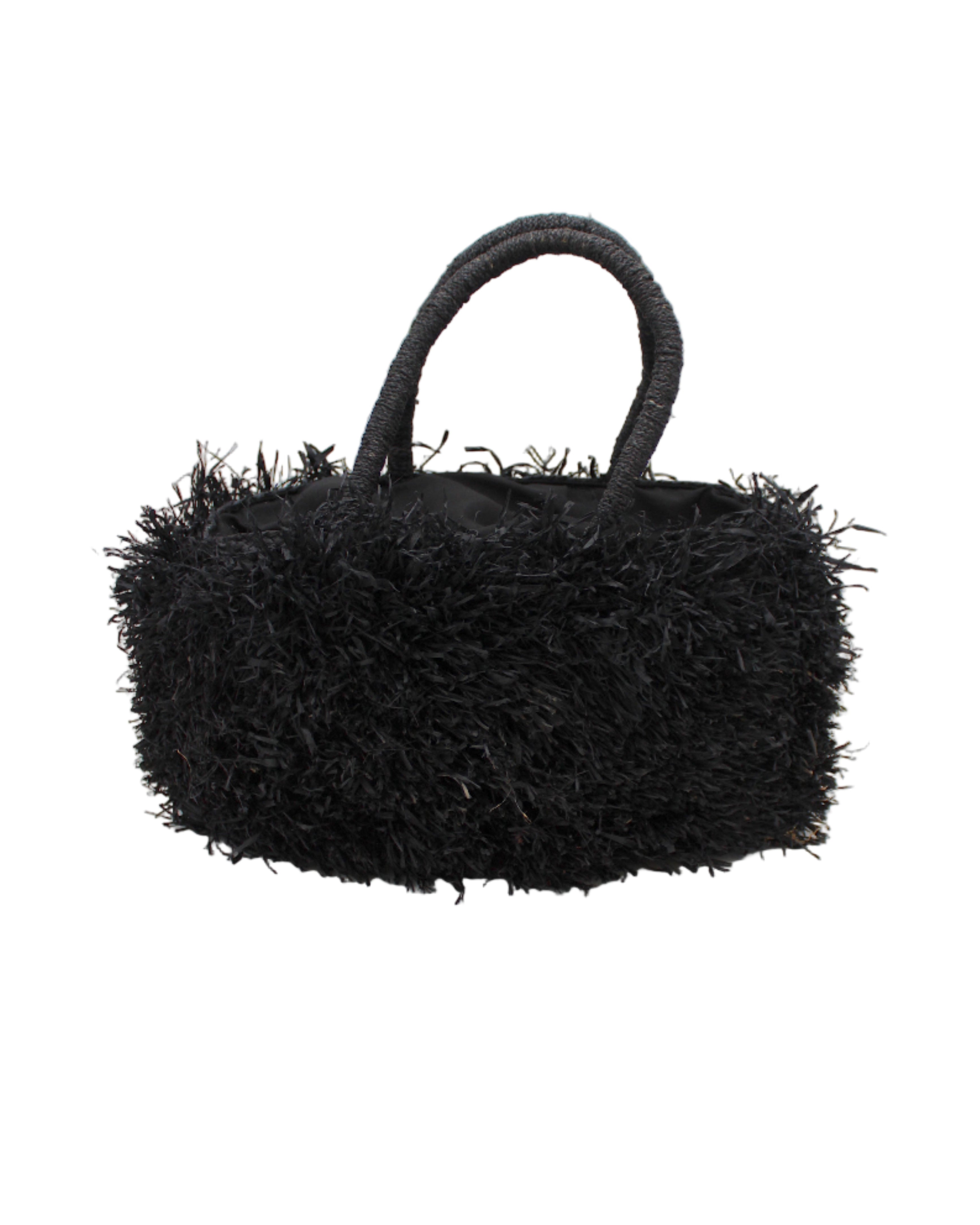 Calypso Pompom Pouf Crochet Straw Basket Handbag handmade natural raffia palm fiber in a solid hue of Black with brushed fringe strands crochet and knotted into a pouf texture with matching wrapped handles purse - Shebobo