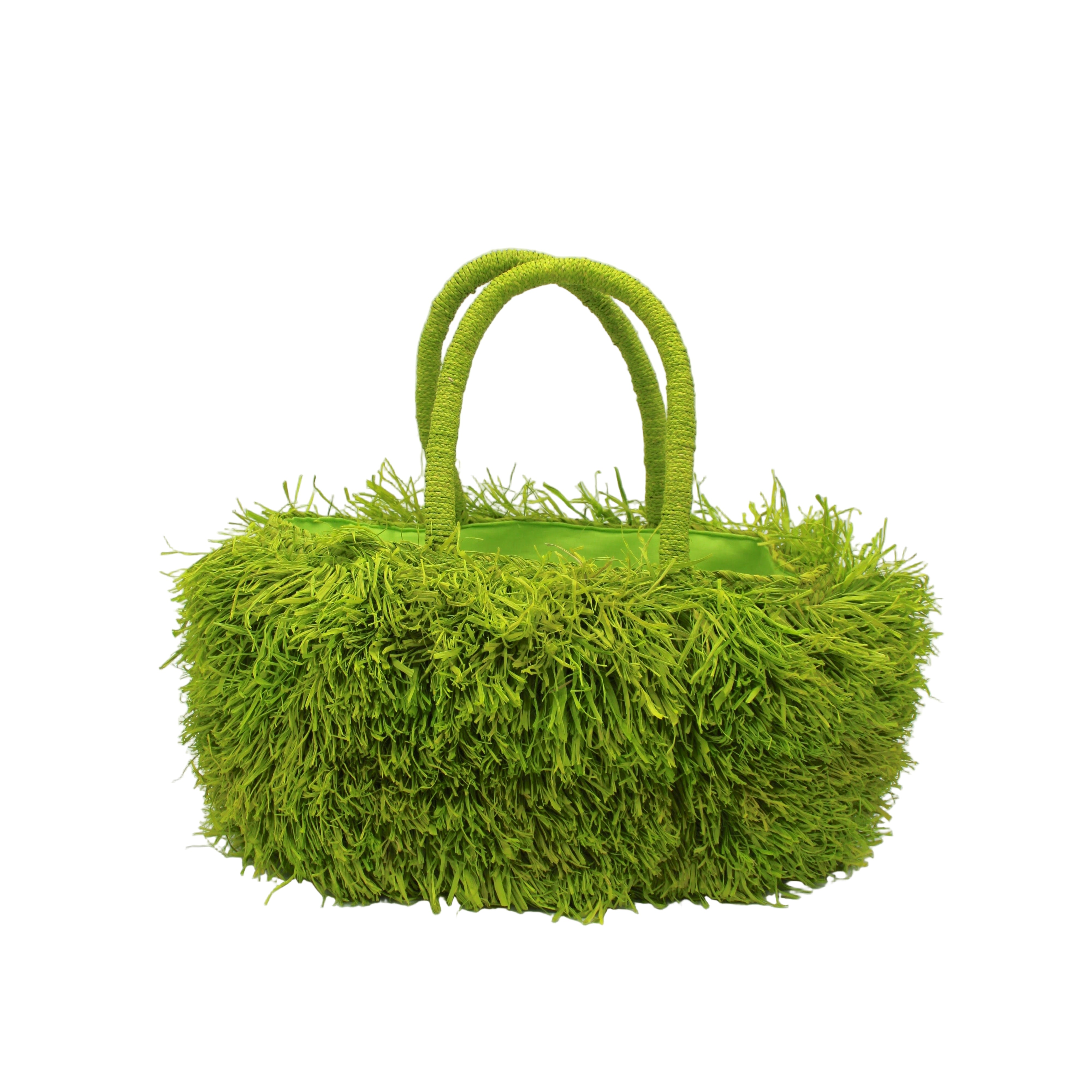 Calypso Pompom Pouf Crochet Straw Basket Handbag handmade natural raffia palm fiber in a solid hue of Midori lime/bright/neon/green with brushed fringe strands crochet and knotted into a pouf texture with matching wrapped handles purse - Shebobo
